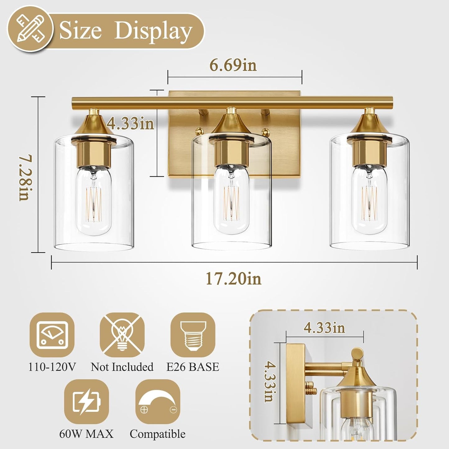 Gold Bathroom Light Fixtures,3-Light Vanity Lights RD12