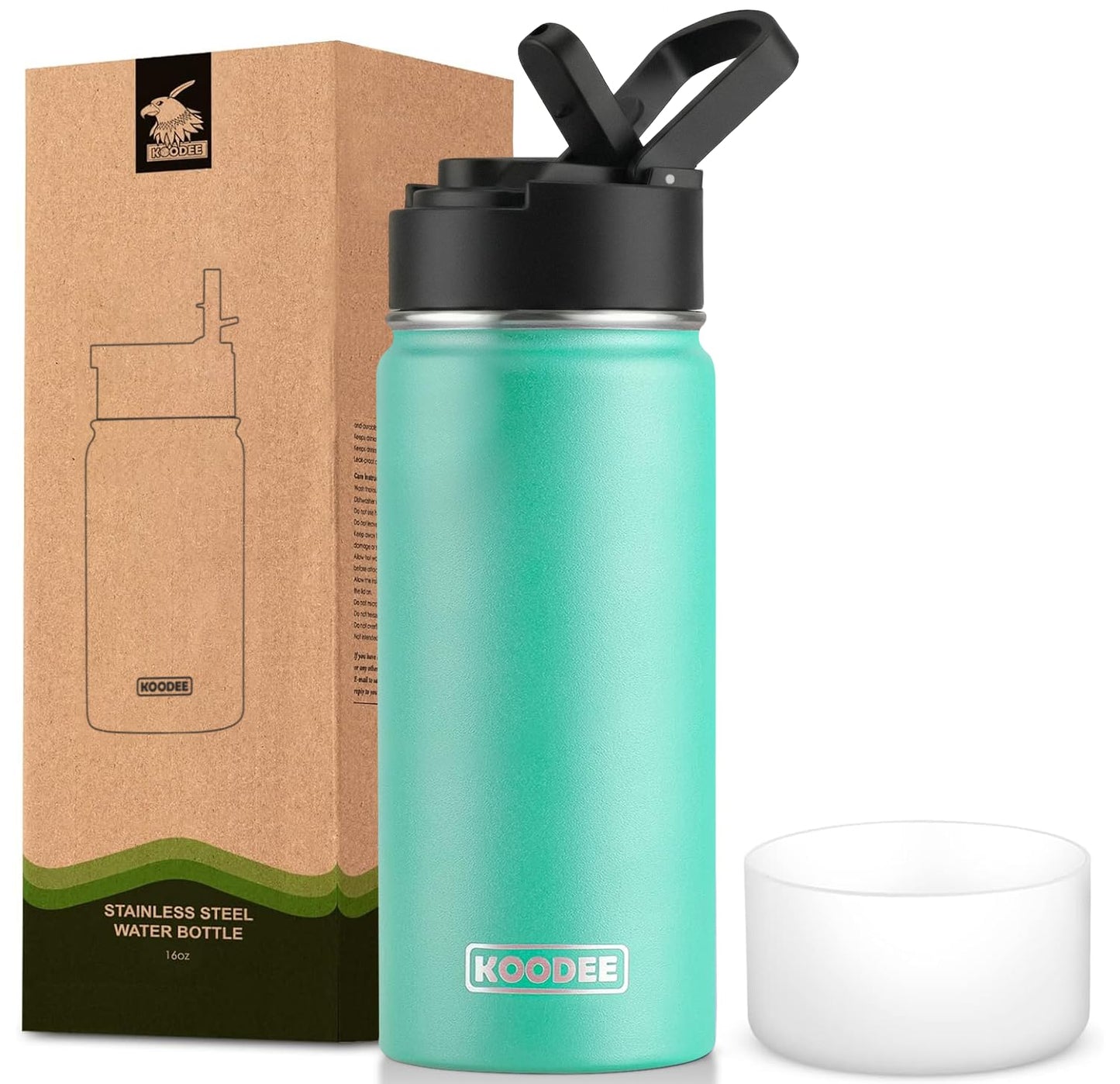 koodee Water Bottle-12 oz Stainless Steel Double Wall Vacuum Insulated Water Bottle for School-Wide Mouth Flask with Straw Lid (Teal) BST220