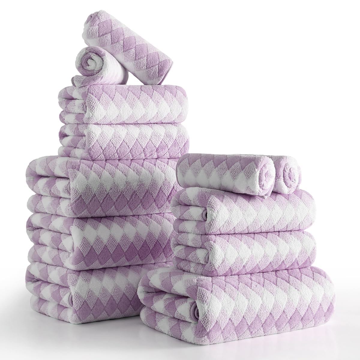 12 Pcs Light Gray Diamond Towel Set-4 Bath Towels,4 Hand Towels,4 Washcloths Soft Polyester Towels with Loop Absorbent Shower Towel Quick Dry Beach Chair Towel Family Towels for Bathroom Spa Gym Pool BST220
