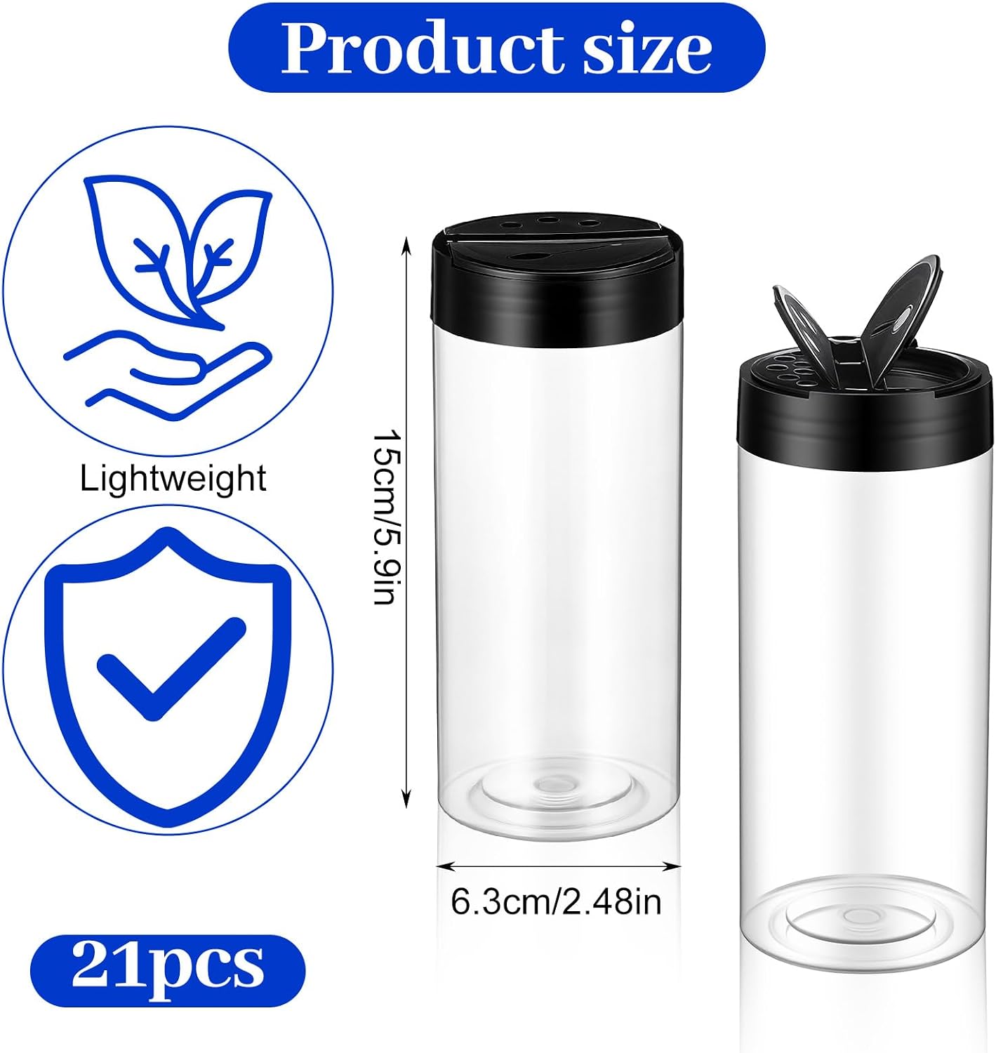 21pcs 16 oz Plastic Spice Jars with Shaker Lids,Clear Black Spice Bottles Containers,Reusable Seasoning Jars for Kitchen Storing and Dispensing BST220