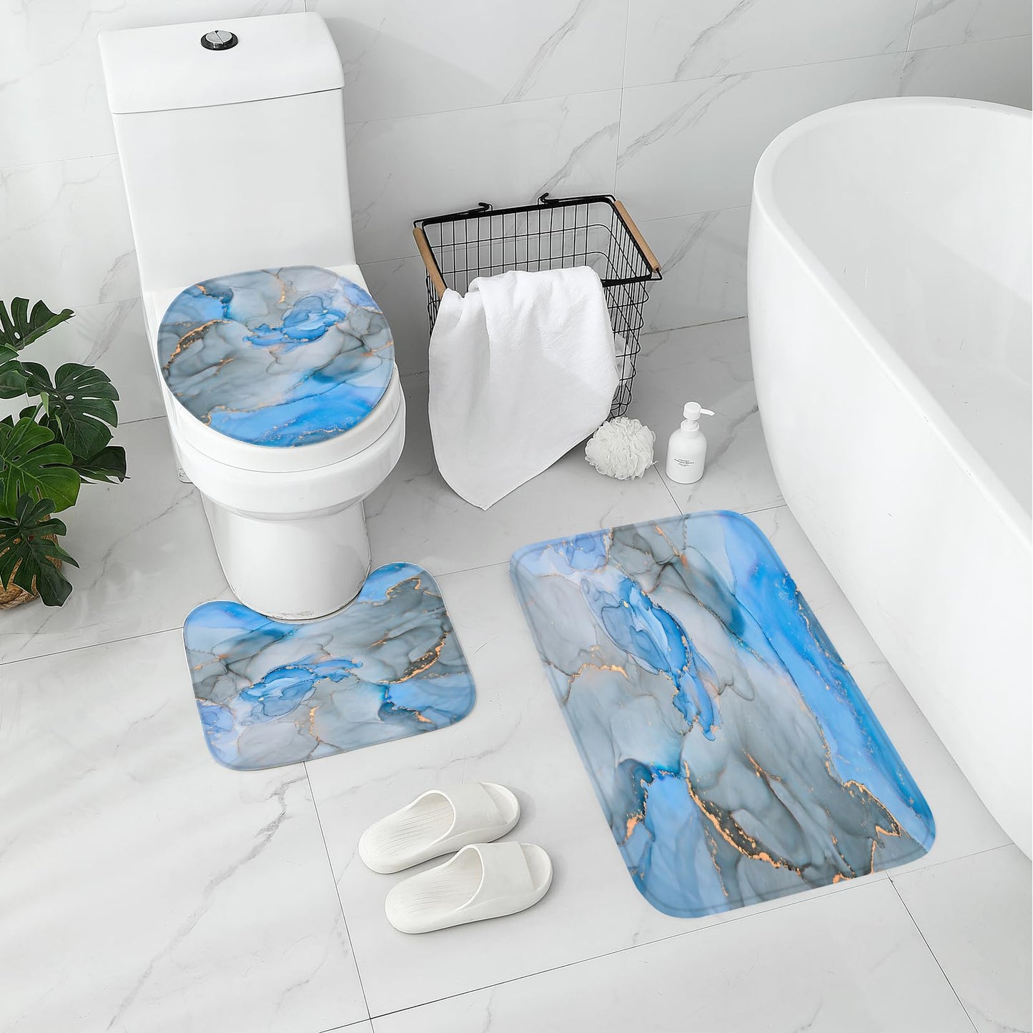 Gibelle 4 Pcs Bathroom Shower Curtain Set with Non-Slip Rugs, Toilet Lid Cover and Bath Mat, Grey Blue Marble Bathroom Decor Set with Shower Curtain and Rugs and Accessories BST326H
