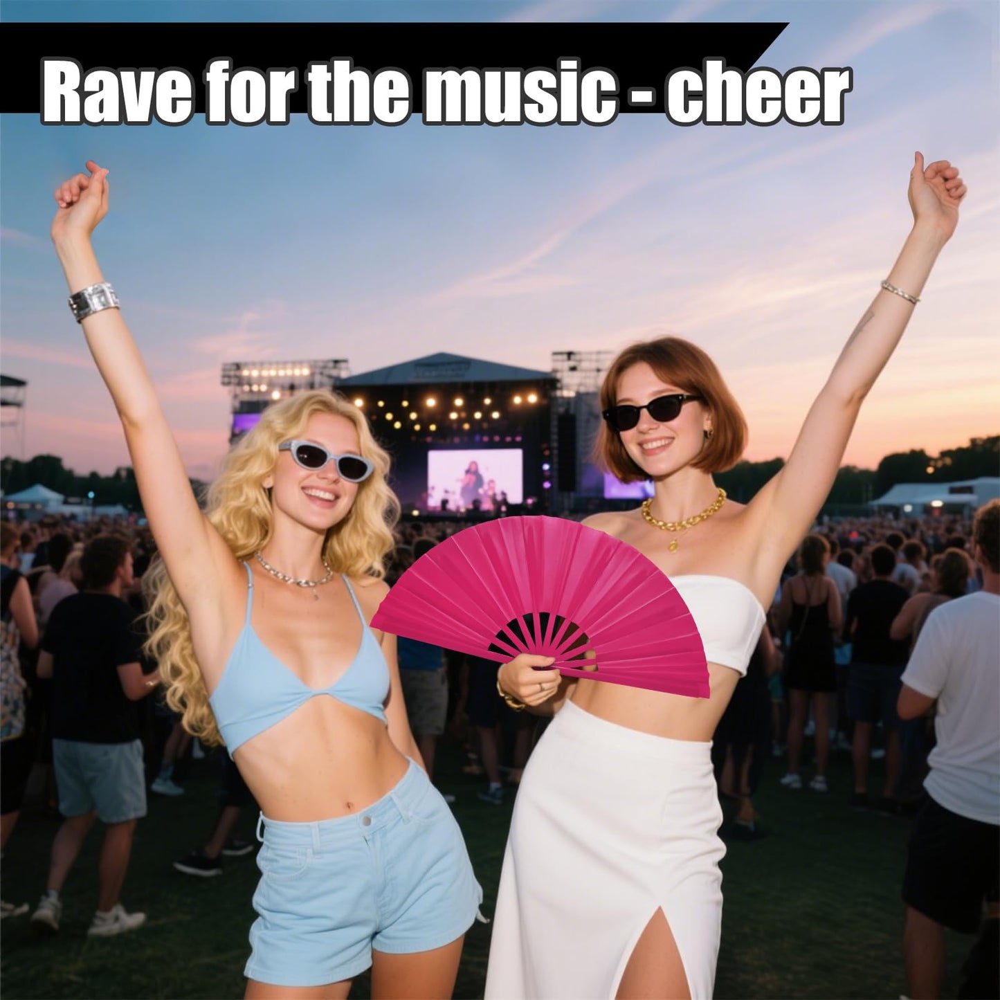 Handheld Folding Fan 13 Inch, Hand Fans for Women Foldable, Large Rave Fan, Dance Performance Prop Fan, Boots on the Ground Fan, Cool Fan on the Street Portable for Outdoor (1 Pcs Rose) WN420