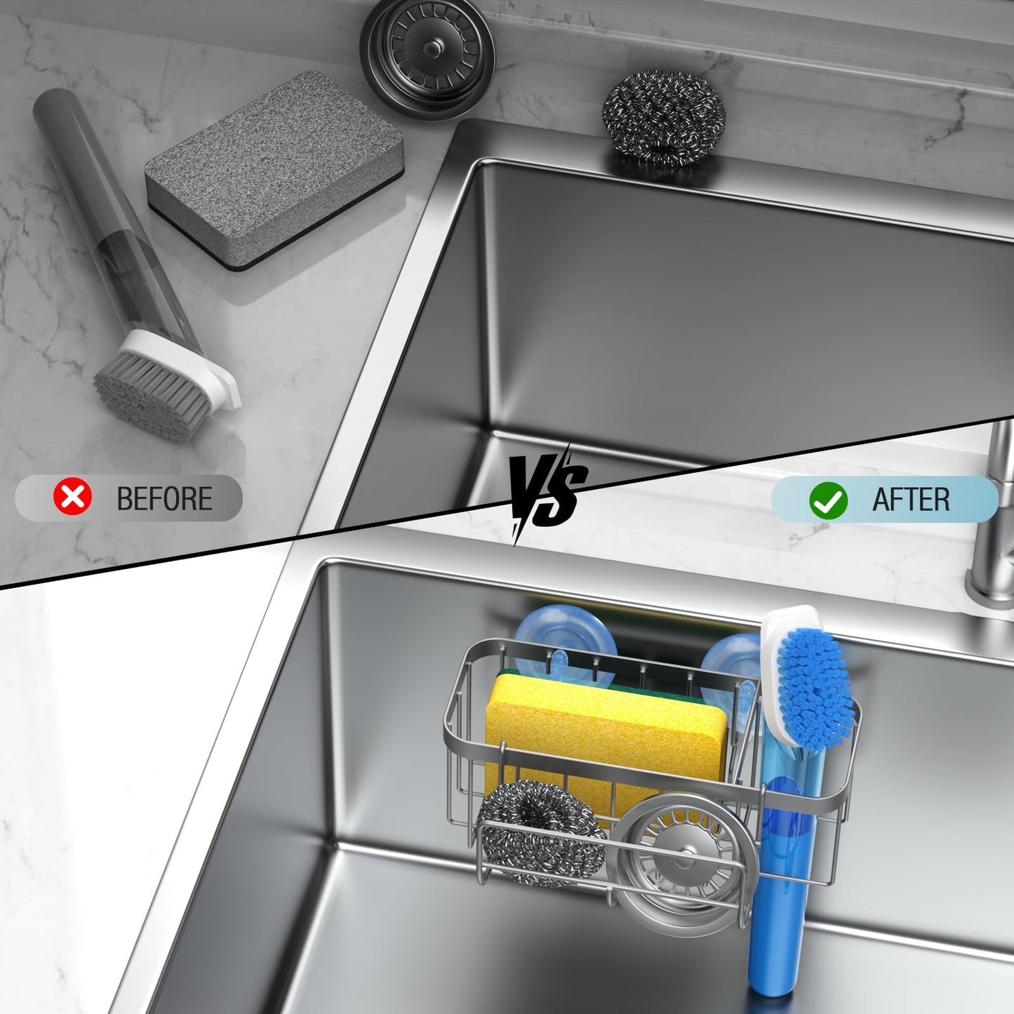3-in-1 Kitchen Sink Caddy Organizer with Sponge Holder, Brush Holder, Extra Rack for Scrubber, Sink Stopper, Dish Cloth Hanger - Strong Dual Suction Cup, 2.0mm SUS304 Stainless Steel - Grey WN420