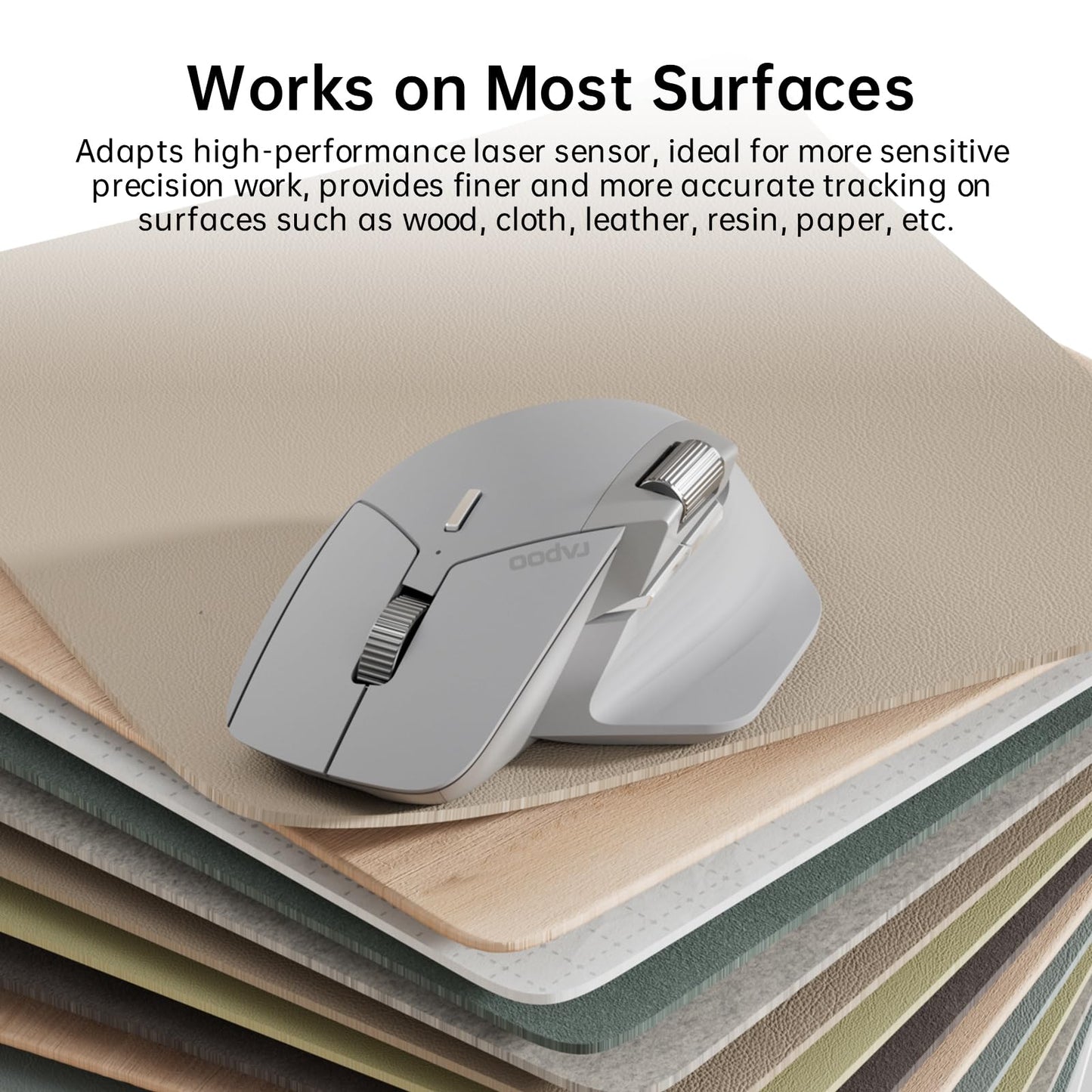 Rapoo MT760 Multi-Device Wireless Mouse, Bluetooth 5.0 and 2.4G Multi-Mode Connection, Up to 4 Devices, 11 Programmable Buttons, 4K DPI, 90 Days Battery Life, PC, Light Grey