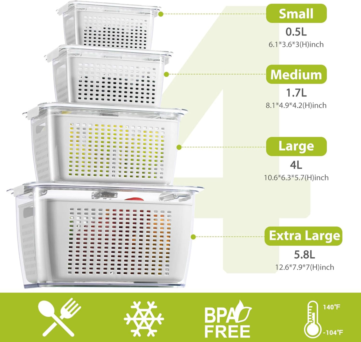 LUXEAR 4 Pack Fruit Vegetable Containers for Fridge, Produce Saver Container with Lids &Removable Colander BPA-free Refrigerator Storage Organizer for Fruit Vegetable, Berry, Meat keep Fresh Longer DD1210
