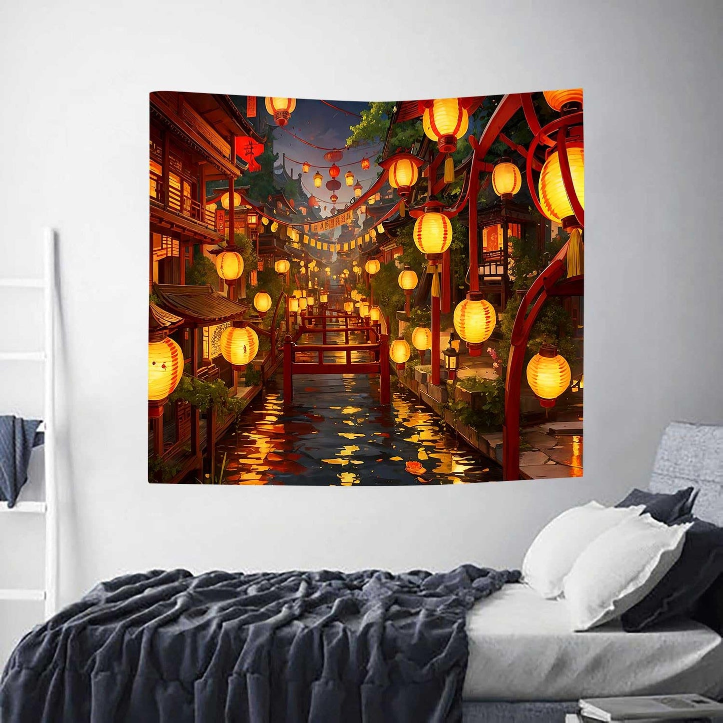 Ine Ive Japanese Tapestry Wall Hanging Large Size 93x71 Inch | Traditional Japan Streets filled with lanterns tapestry for Bedroom Living Room Dorm Office Restaurant Wall Decor BST202
