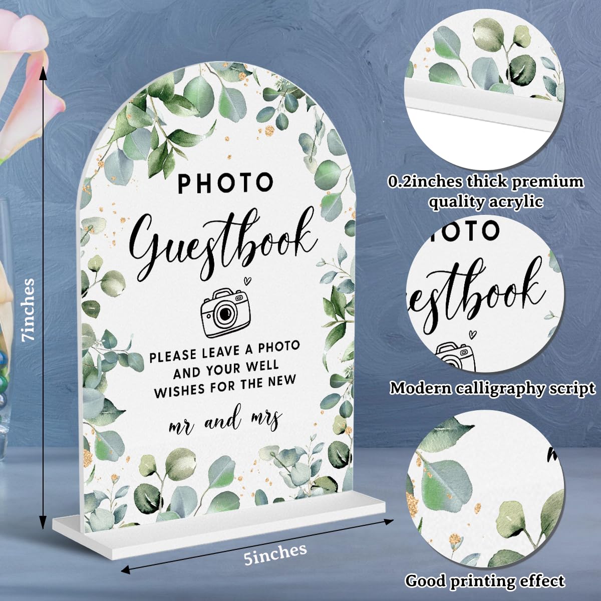 Acrylic Wedding Signs, Bubble Send Off Signs for Marriage Reception, Bridal Shower Decorations, Modern Arched Round Top Acrylic Table Top Sign with Holder for Wedding Party (White Eucalyptus Leaves) BST326L