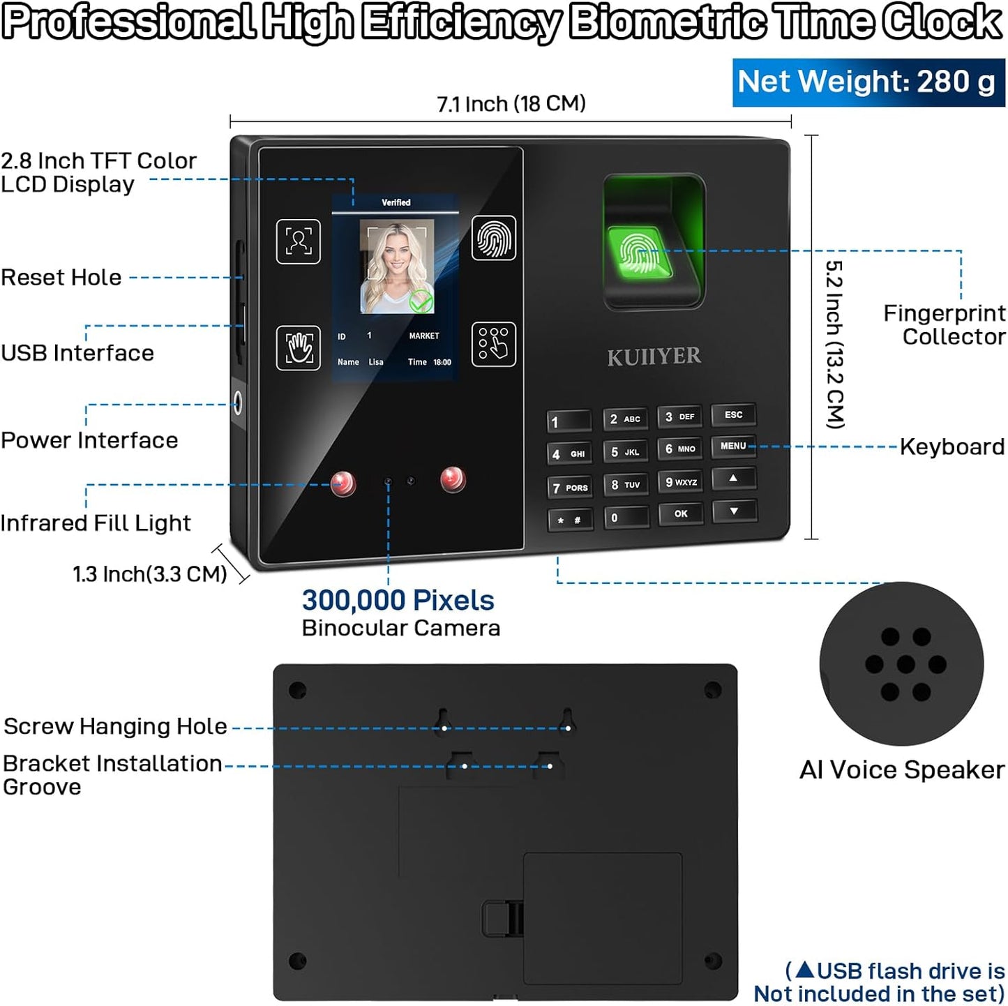 KUIIYER 4 in 1 Employees Time Clocks for Small Business (Face + Fingerprint + Palm Print + PIN) Employee Clock in & Out Machine Biometric Attendance Punch Clock Recorder Tracker (No Monthly Fee)