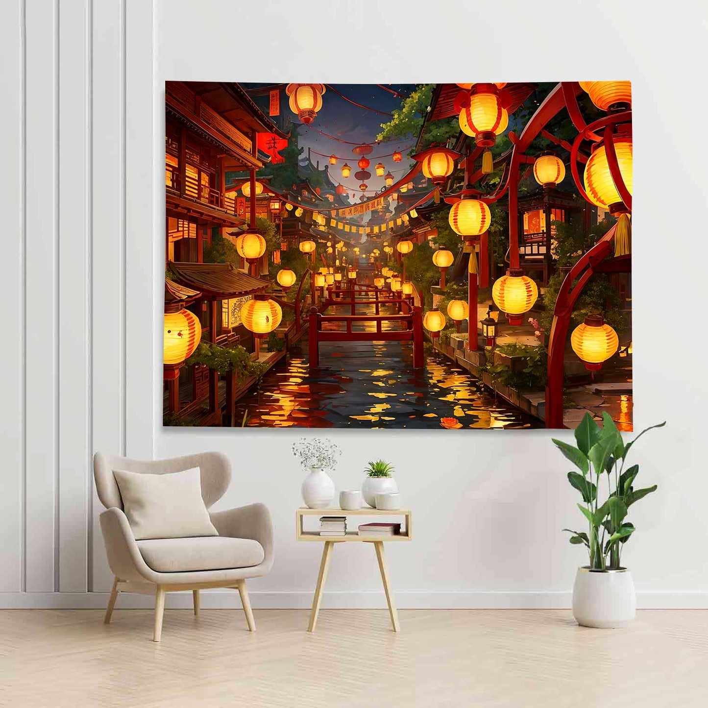Ine Ive Japanese Tapestry Wall Hanging Large Size 93x71 Inch | Traditional Japan Streets filled with lanterns tapestry for Bedroom Living Room Dorm Office Restaurant Wall Decor BST202