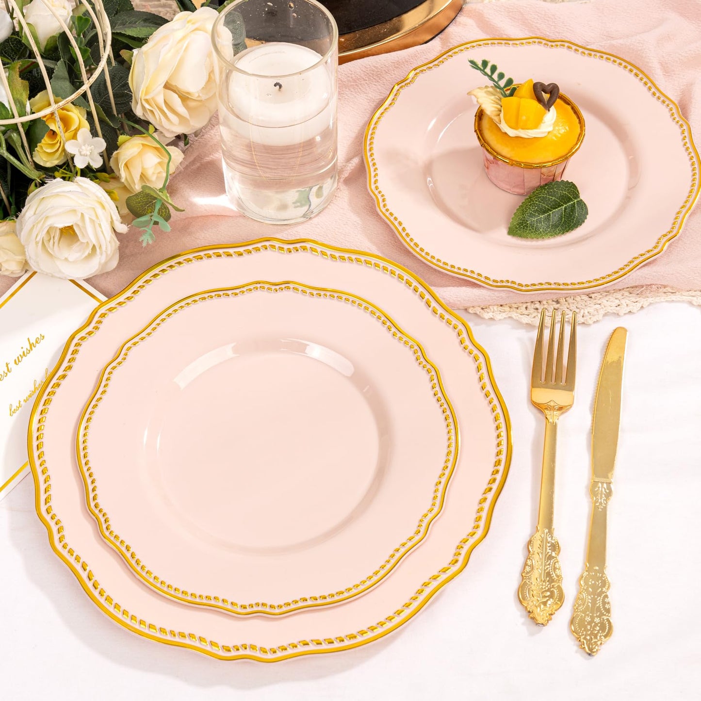 Hioasis 60pcs Pink Plastic Plates - Pink and Gold Disposable Dinnerware with Gold Rim N26