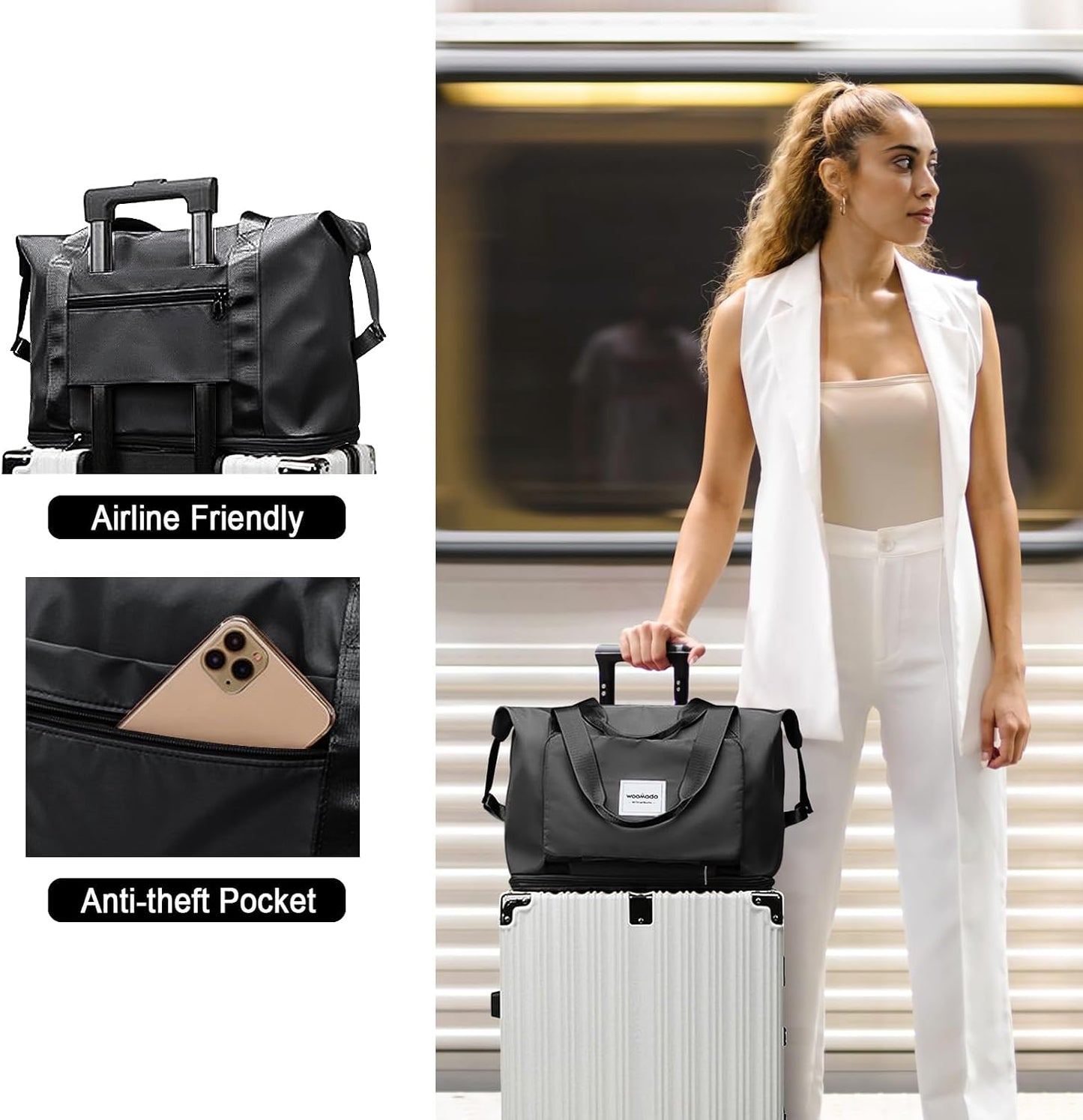 WOOMADA Foldable Travel Duffel, Weekender & Carry-On Bag with Expandable Space BST326H