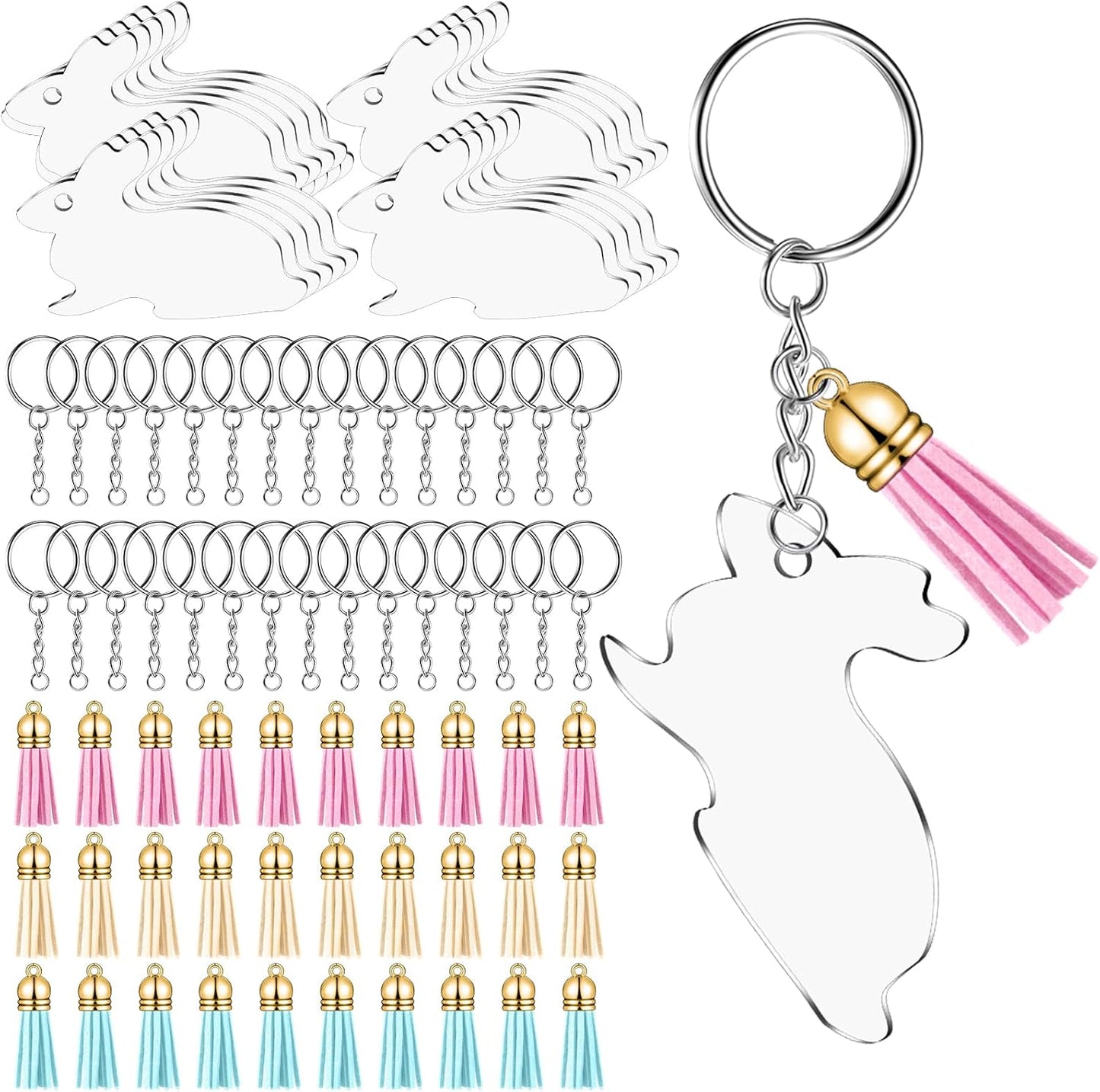 Tondiamo 120 Pcs Easter Blank Keychain Tassel Set Including 30 Pcs Rabbit Keychain Blank 30 Keychain Ring 30 Jump Rings 30 Artificial Leather Tassel for DIY Keychain Earring WN420