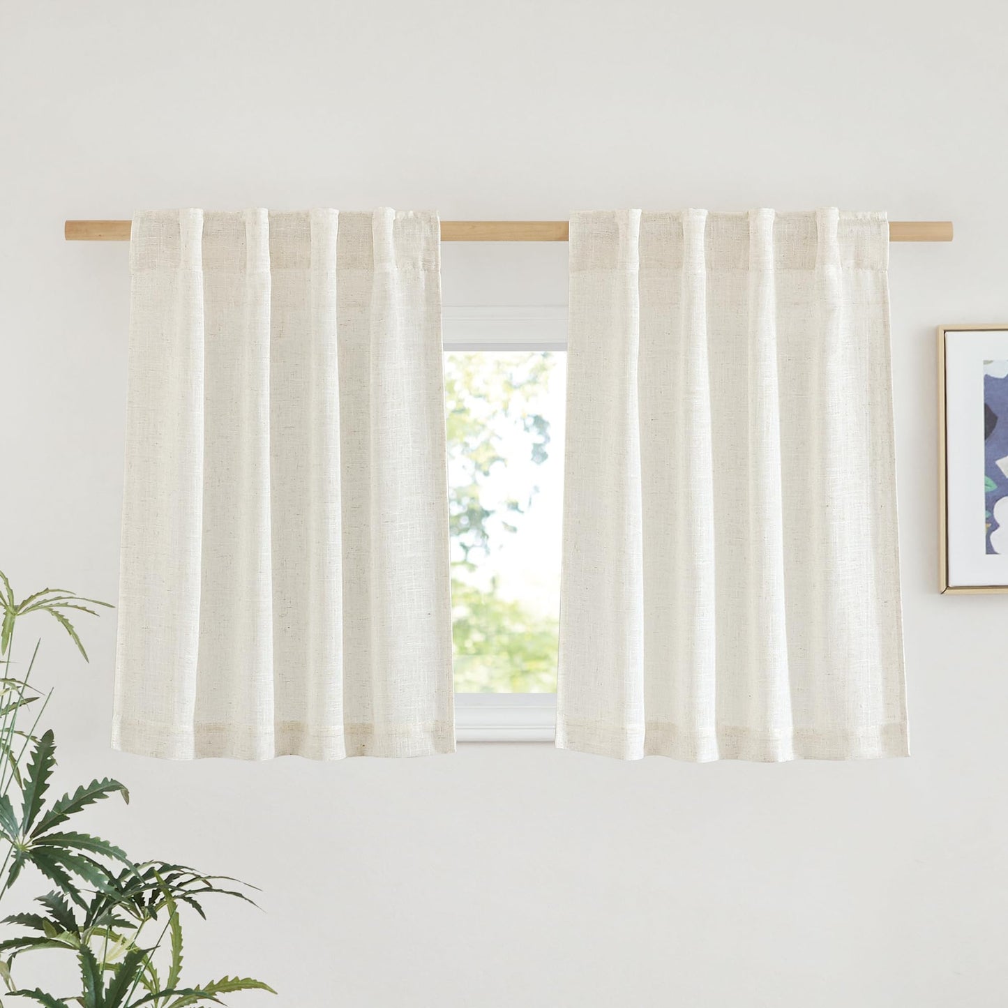 NICETOWN White Semi Sheer Kitchen Curtains 30 inch Length, Rod Pocket & Back Tab Faux Linen Blend Privacy with Light Filtering Window Drapes for Cafe, W34 x L30, 2 Panels BST220
