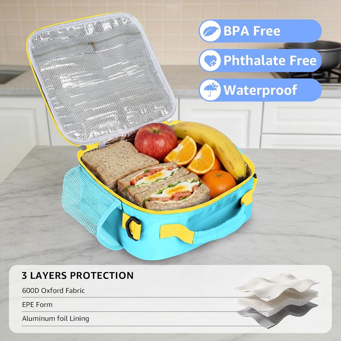 Lunch Bag for Kids Insulated Lunch Boxe for Boys Girls Small Reusable Cooler Tote Lunchbag Back to School Cute Lunchbox for Teens (light blue) WN420