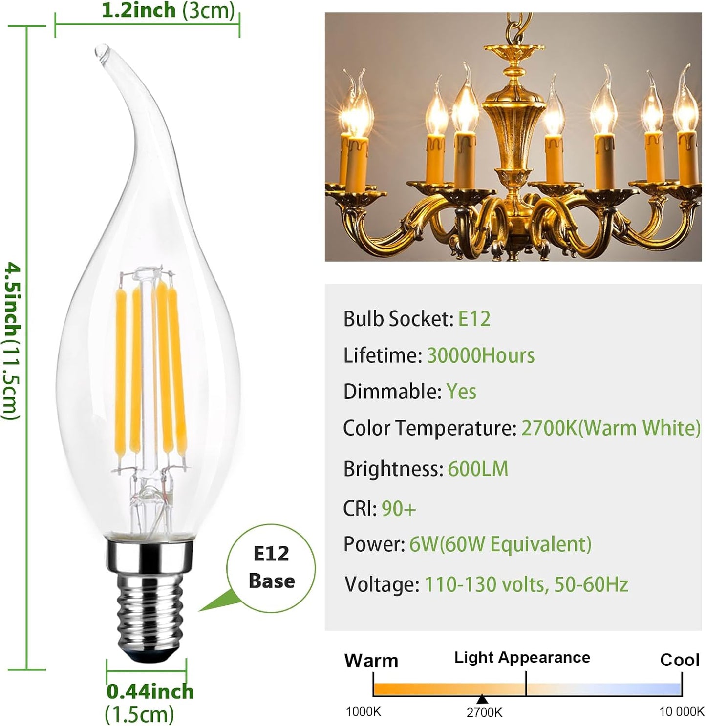 5Pack E12 Chandelier Bulb Dimmable 2700k Warm White 600LM Equivalent 60Watt E12 LED Bulb Vintage Filament C35T/CA10 LED Candle Bulbs Suitable for Living and Dining Room WN420