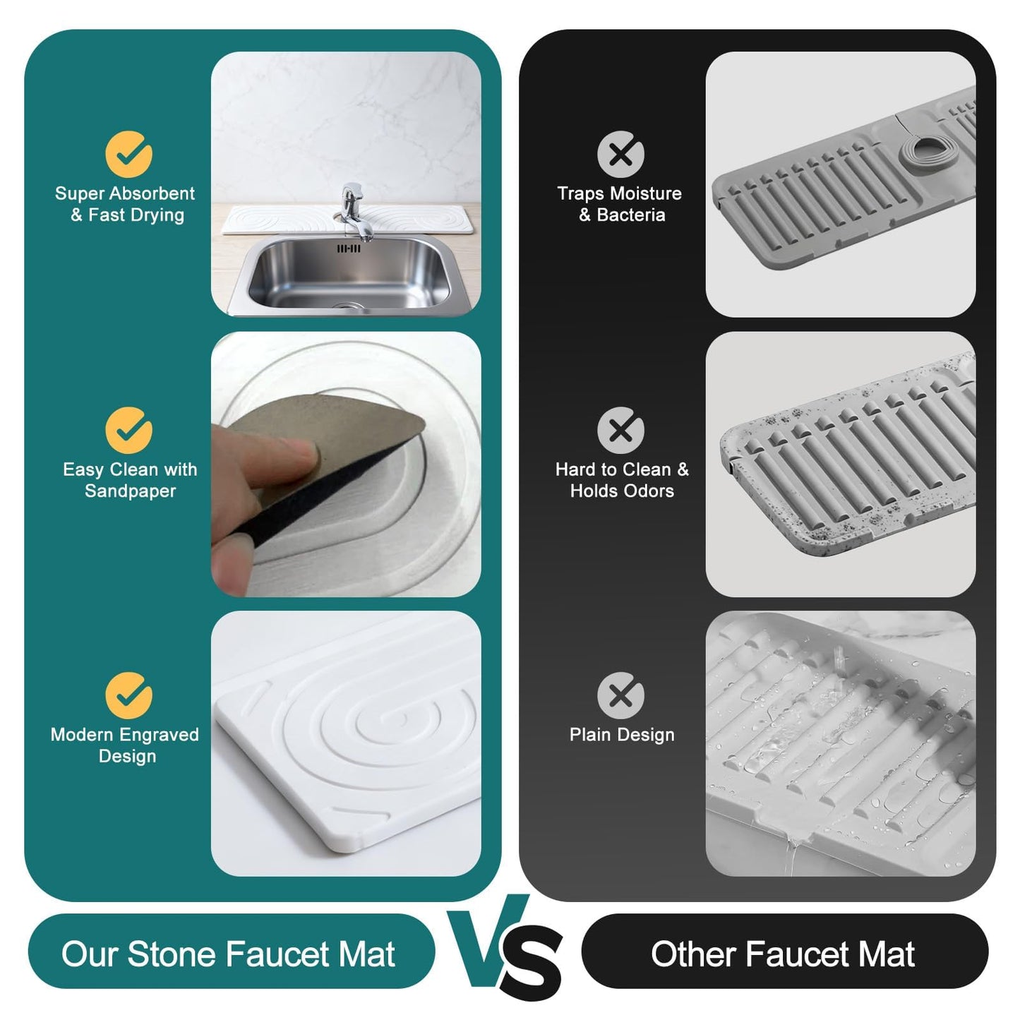 Hopegiver Stone Faucet Mat for Kitchen Sink - Fast Drying Diatomite Sink Protector Prevent Moisture, Super Water Absorbing Stone Tray for Kitchen & Bathroom Counter (White, 15.7"x3.9") BST326H
