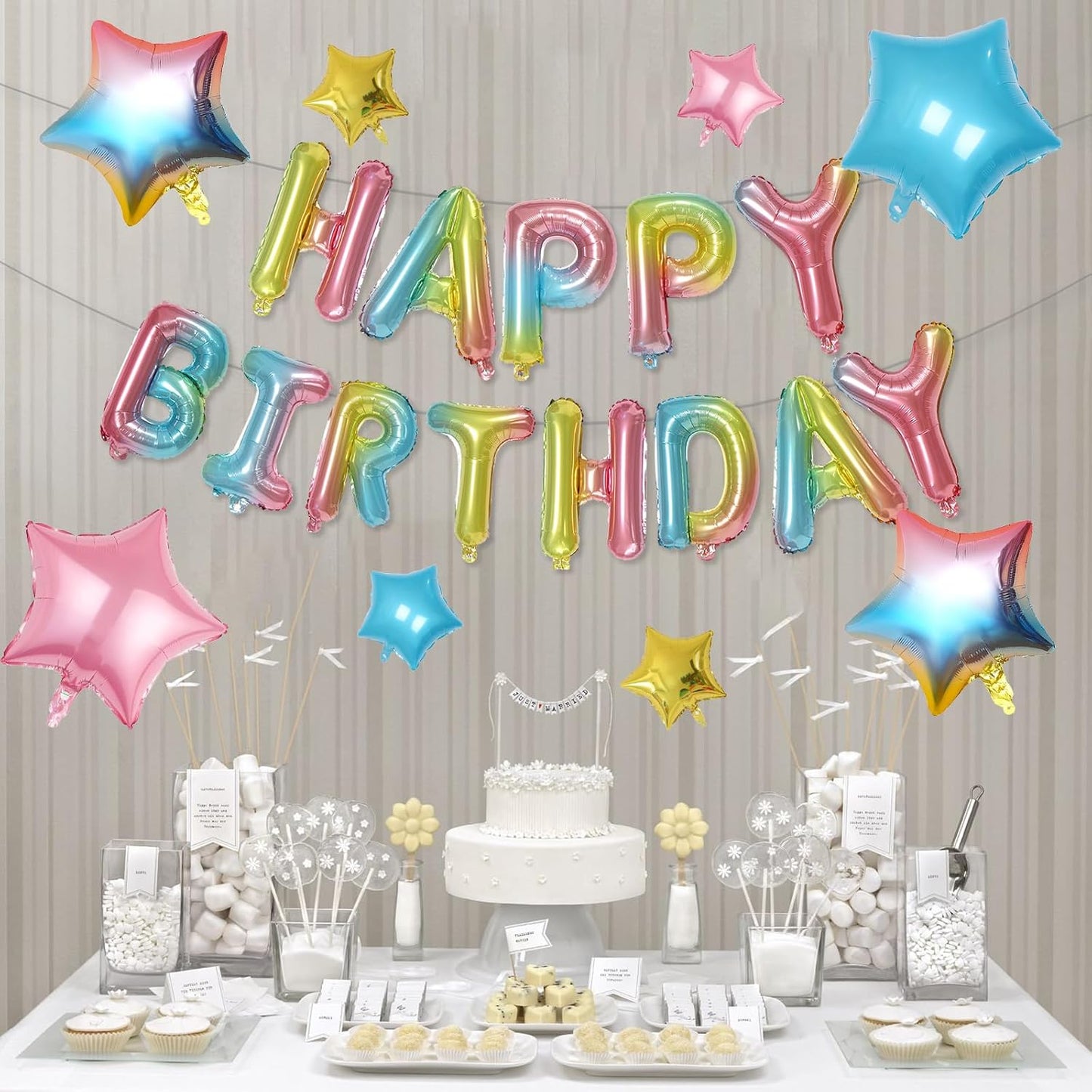 Happy Birthday Balloons Banner, Rainbow Happy Birthday Foil Balloons 16 Inch Foil Letter Balloon with 8 Pcs Gradient Blue Pink Star Balloon for Women Men Boys Girls Birthday Party Decoration WN420