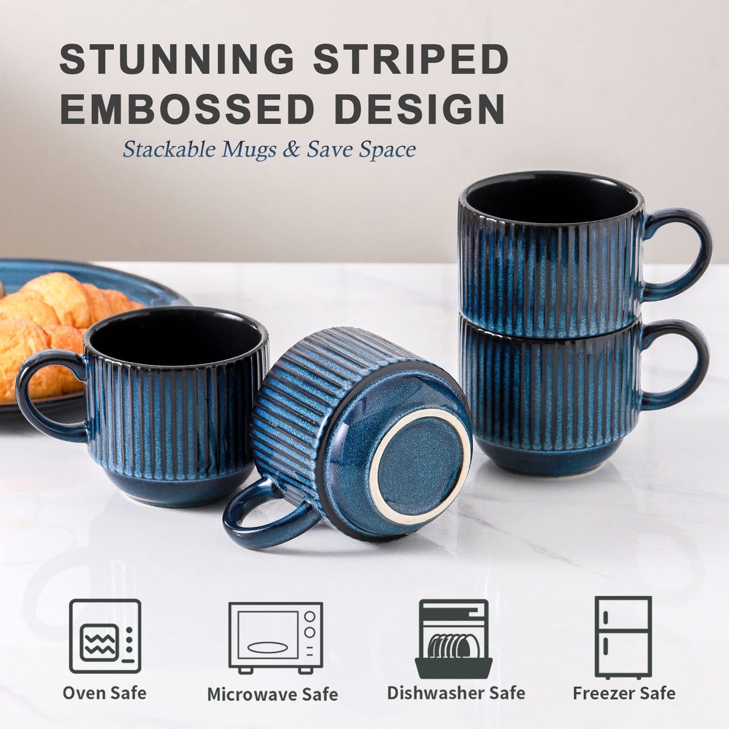 HASENSE 15 oz Ribbed Stackable Coffee Mug Set of 4, Porcelain Latte Cups with Metal Rack, Dishwasher & Microwave Safe, Cappuccino Tea Hot Cocoa, White BST220