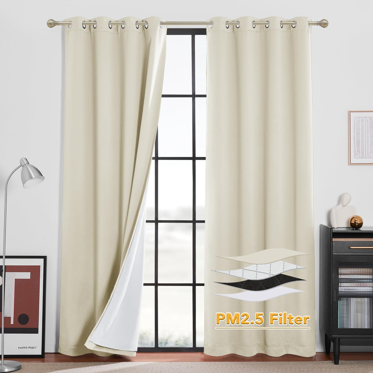 RYB HOME 4-in-1 Dust Filtering Soundproof Blackout Insulating Privacy Window Curtains for Nursery Bedroom Living Room Rivider Sound Absorption Sheet, Black, W52 x L90 inch, 2 Panels BST220