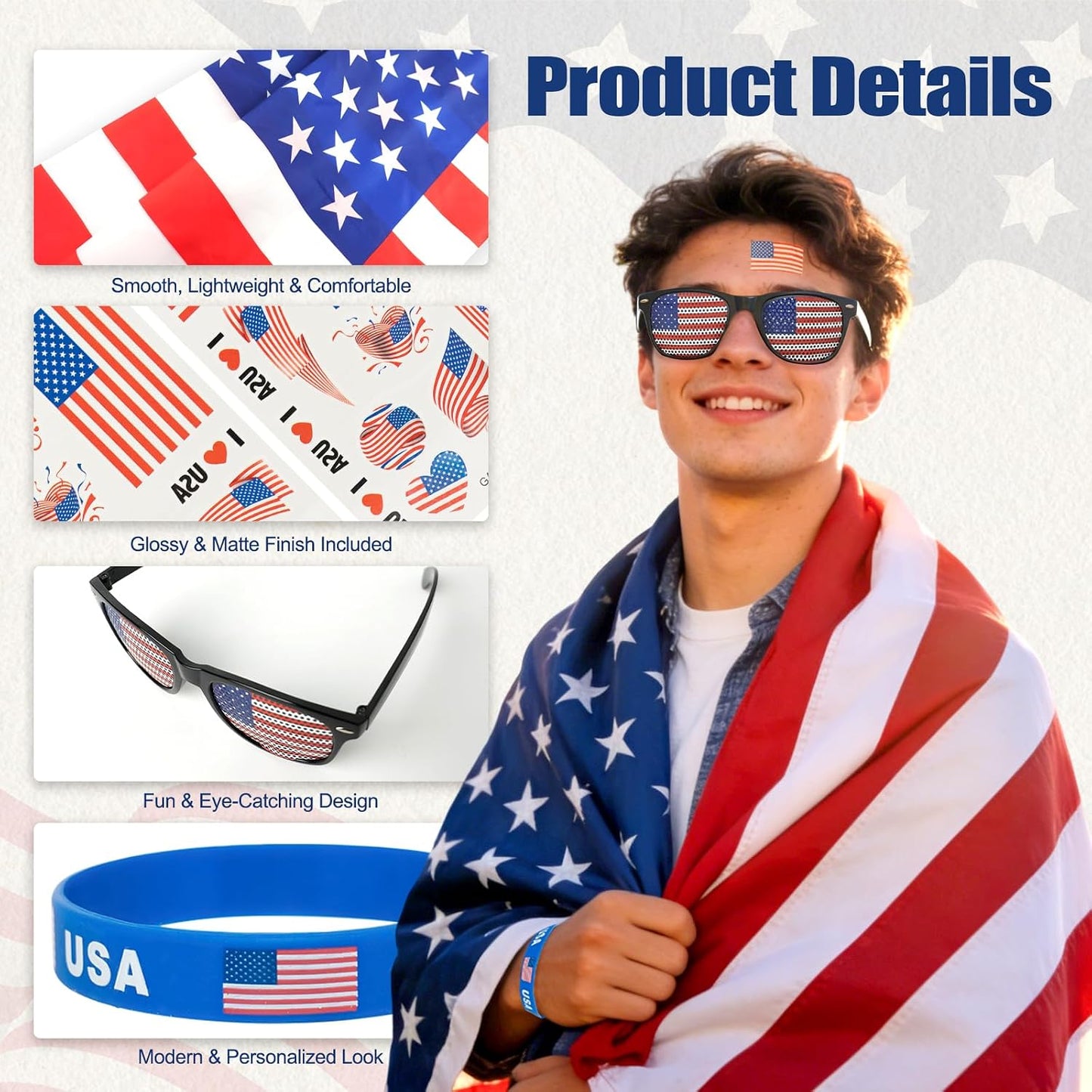 Large American Flag 3x5 Ft 59 x 35 in with Soccer Watch Party Accessories, Temporary Tattoos, Glasses, Scarf, Wristband, Thunder Sticks, Clapper, 2026 World Cup Wall Chart BST202