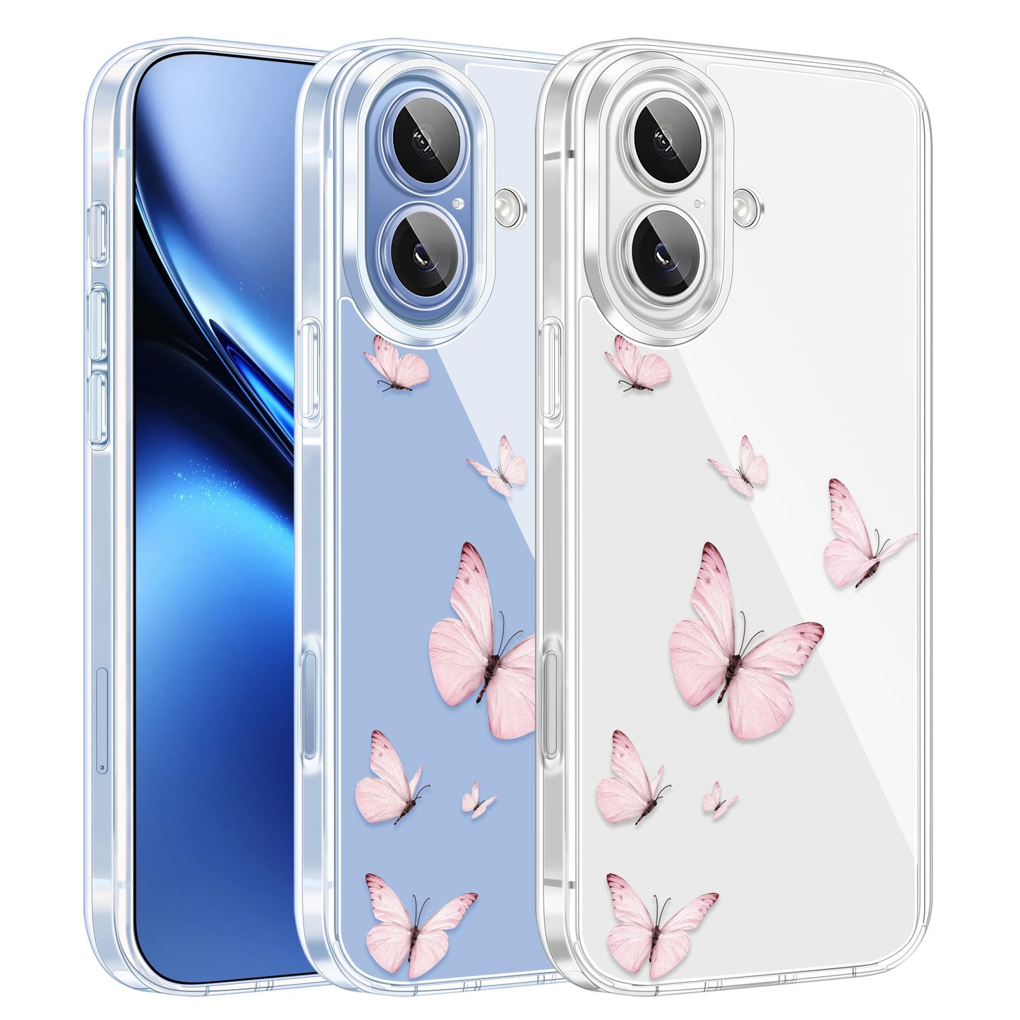 Cute Girly Crystal Clear Case Compatible with iPhone 16 Pro, Camera Control & Shockproof Protection Floral Case for Women, Blue Butterflies WN420
