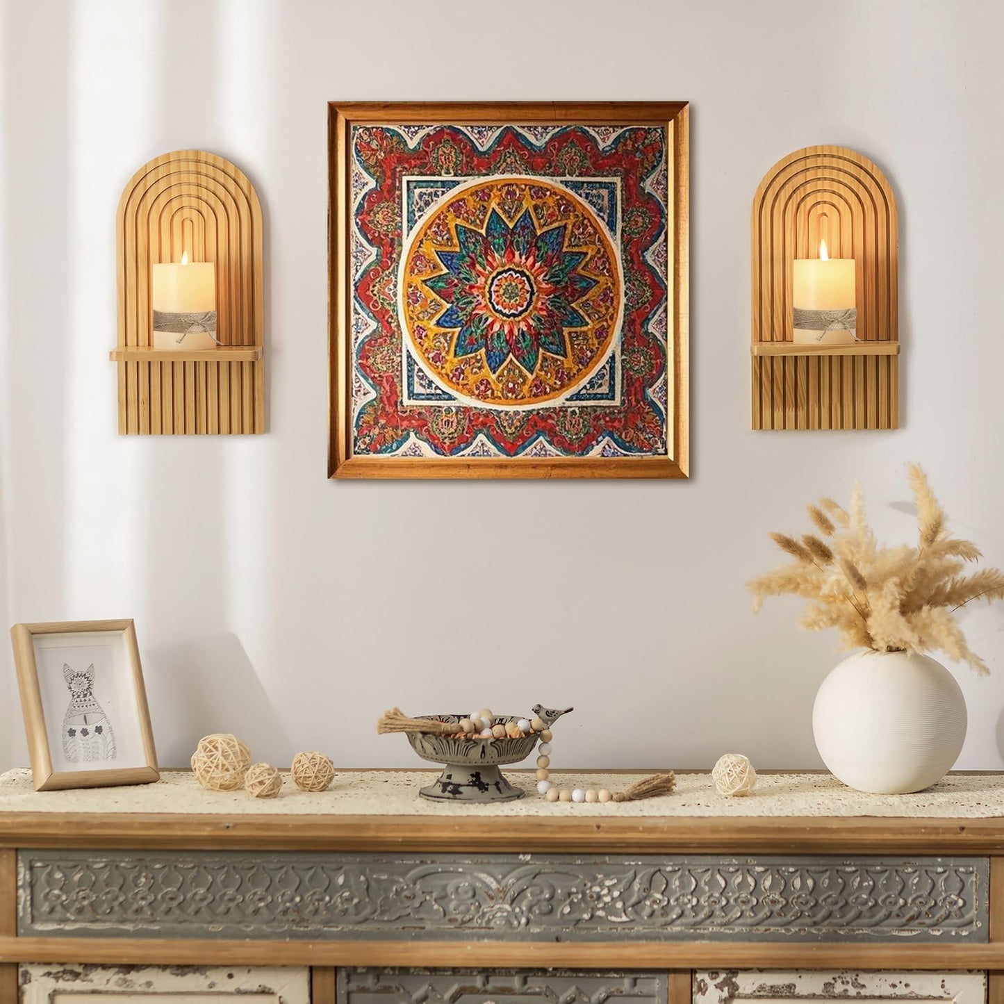 Boho Wall Candle Holder Decor: Mid Century Candle Sconces Set of 2 for Plants Pillar Candles - White Wood Modern Minimalist Arch Candle Shelf Bohemian Art Decor Beside Fireplace TV BST220