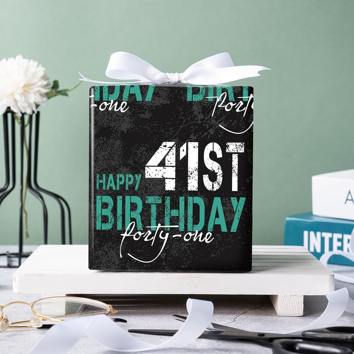 RUSPEPA Birthday Wrapping Paper for Man - Mini Roll - HAPPY 41st BIRTHDAY Text Design for Men's or Father's Birthday Party Gift Wrap and Special Occasions - 17 inches x 16.4 feet - 41 Year Old BST326L
