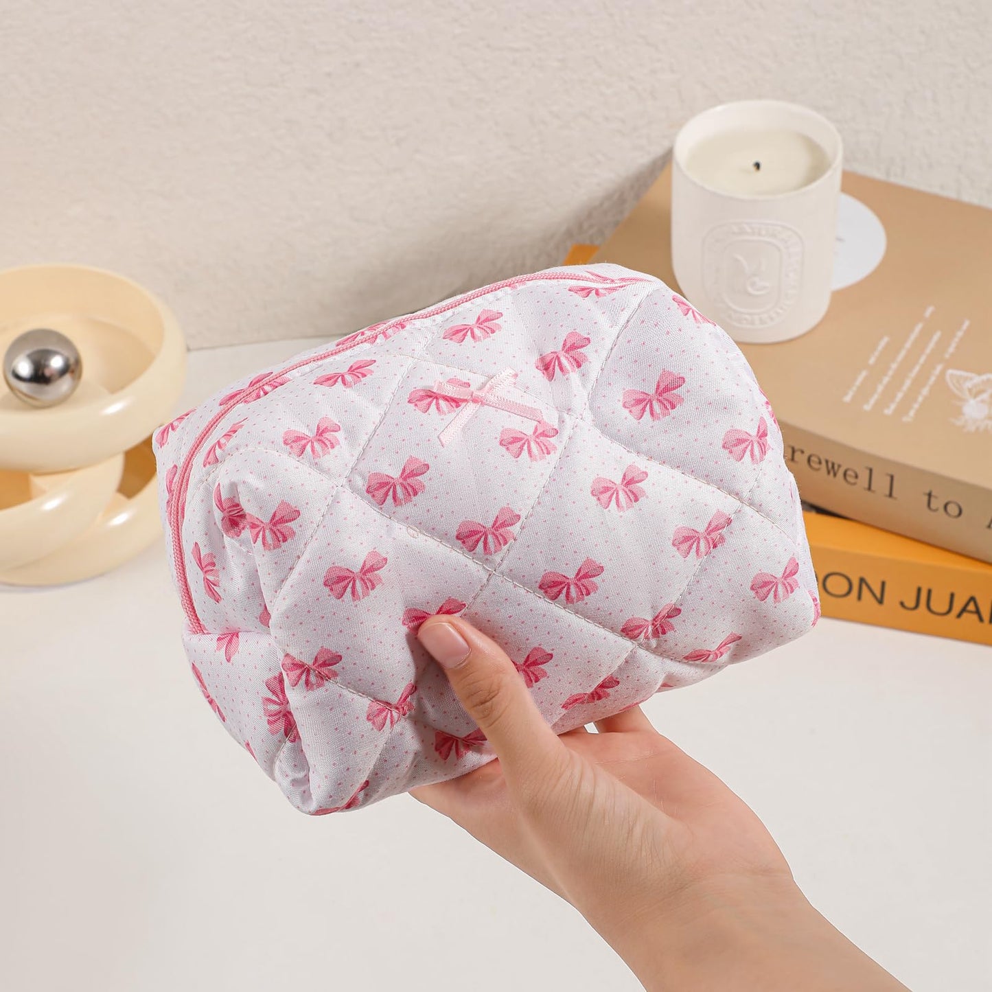Cute Small Floral Cotton Makeup Bag, Quilted Zipper Pouch with Coquette Bear for Women and Girls, Kawaii Travel Cosmetic Bags for Purse(07Yellow and Pink Flower) BST220