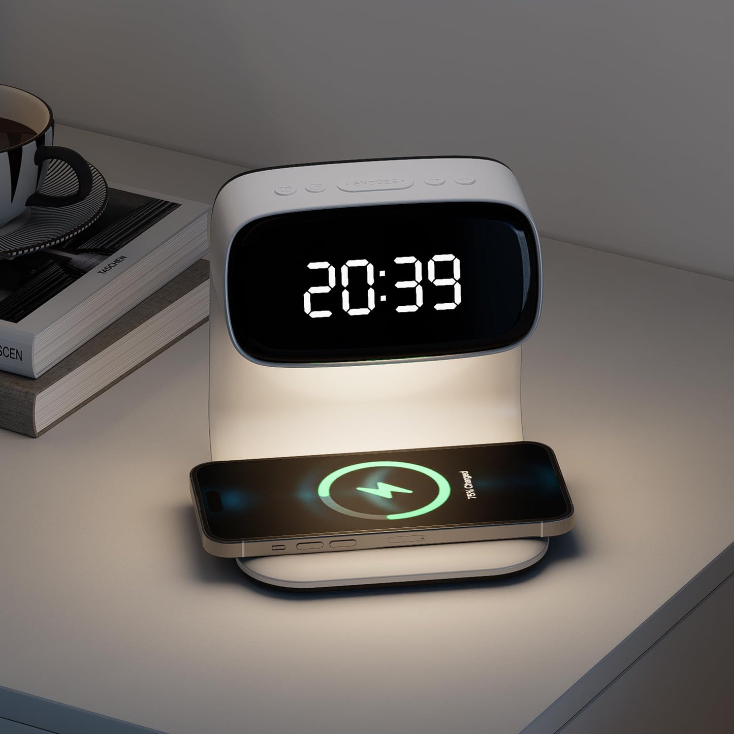 Digital Alarm Clock with Wireless Fast Charging Station 15W Touch Smart Lamp for Bedside,3 Colors Nightlight Adjustment Night Lamp for Living Room,Bedside,Heavy Sleepers (Woodgrain+Cable&Adapter) BST220