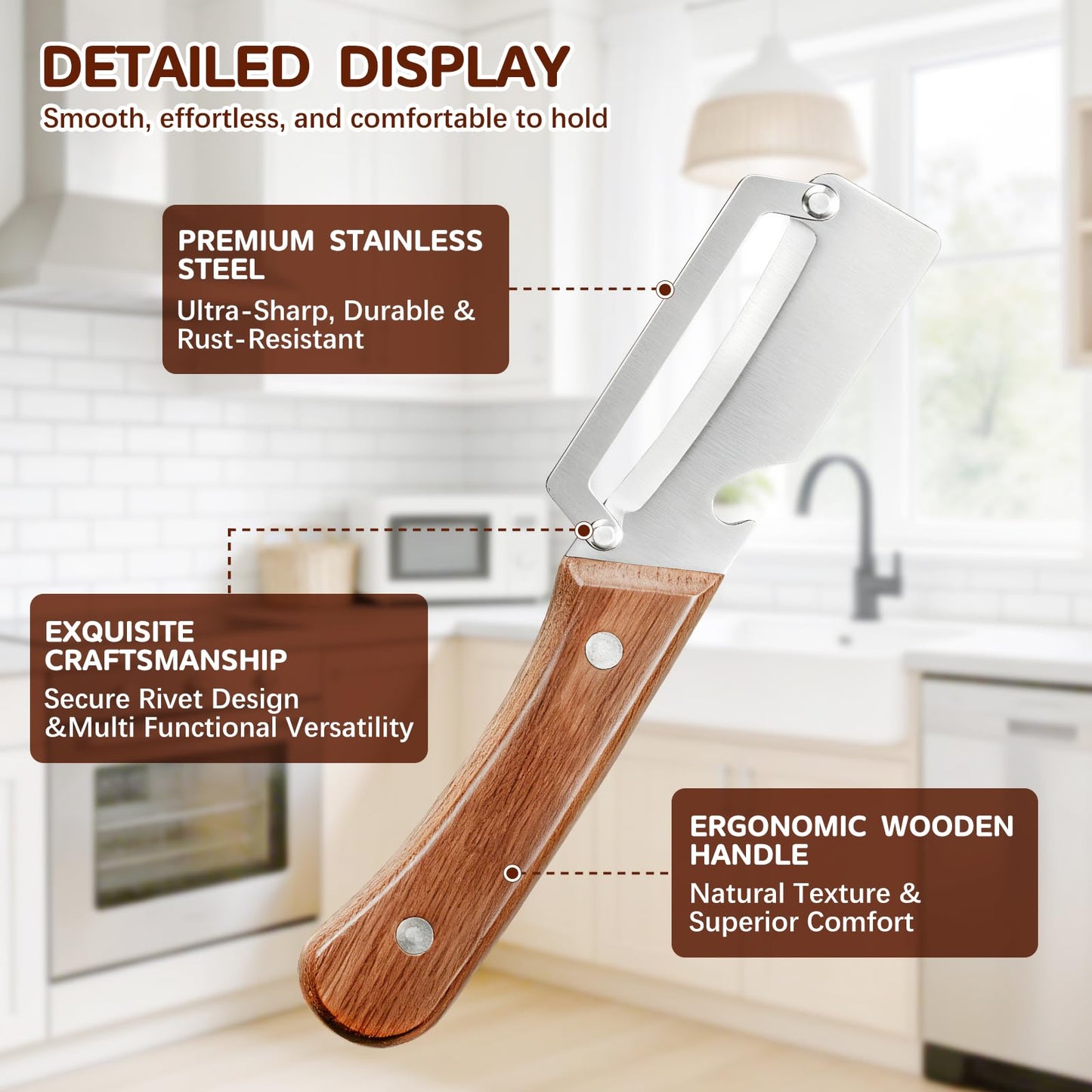 Left & Right Hand Vegetable Peeler Set with Bottle Opener, Thickened Stainless Steel Wide Blade for Smooth Peeling, Wooden Handle Kitchen Peeler for Fruits & Vegetables BST326L