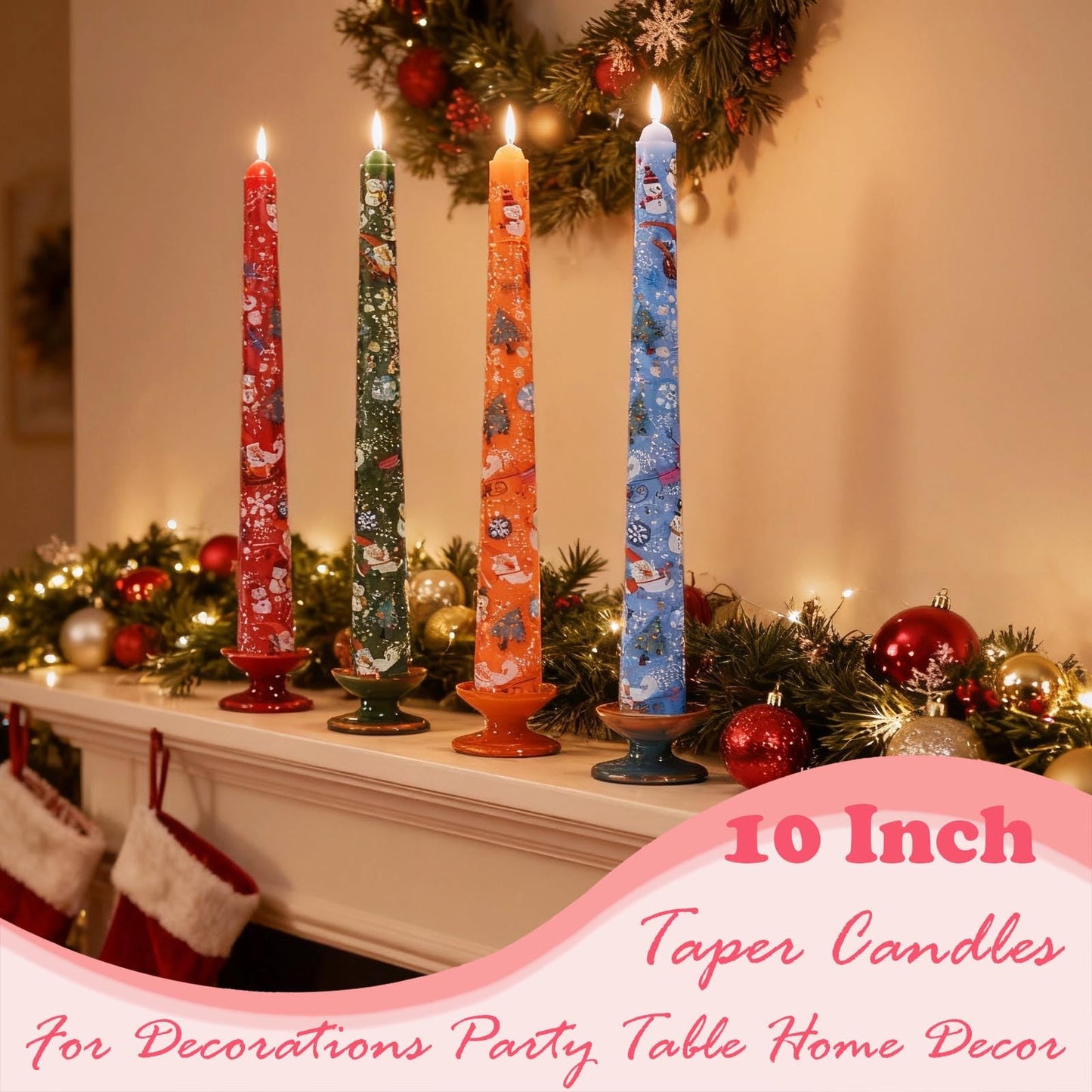 10 Inch Decorative Taper Candles, 4 Pack Birthday Balloon Print Candlesticks, Unscented Dripless Candles with Long Burn Time for Party, Holiday Table & Home Decor BST326H