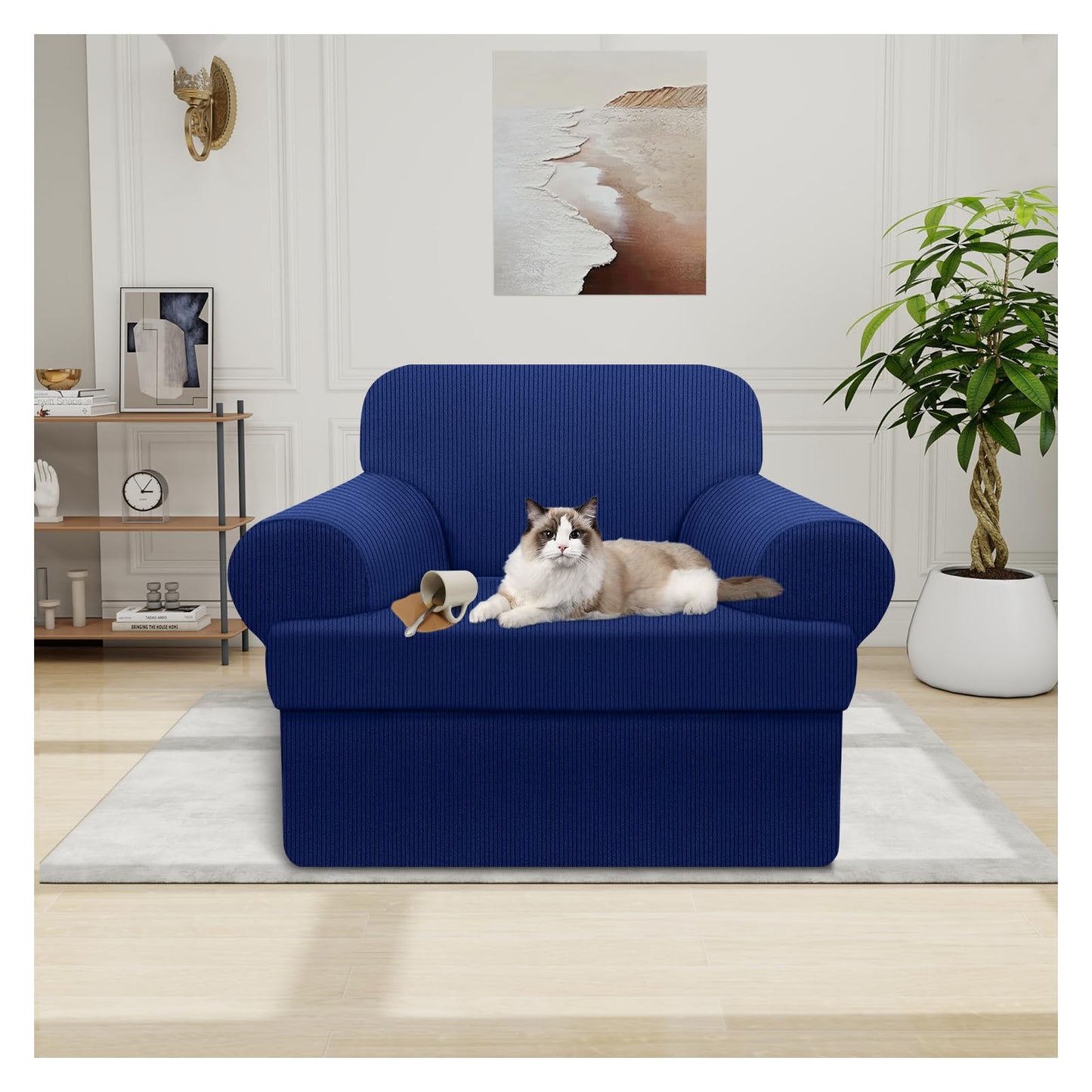 Waterproof Chair Cover with Arms 2-Piece Set Striped Slipcover for 1 Separate T Cushion Couch - TPU Fabric Armchair Covers Leakproof Couch Protector for Kids, Pets(Chair, Beige) BST220