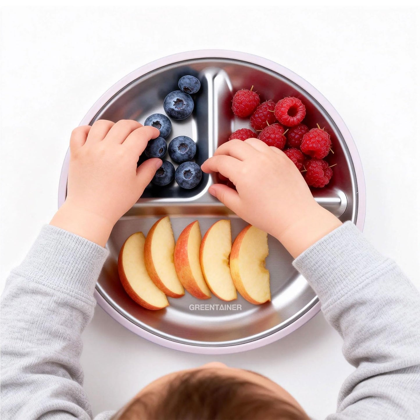 Greentainer 3 Pack Stainless Steel Baby Plates with Suction, Divided Toddler Plates with Removable Silicone Sleeves, Unbreakable Kids Dishes for Dinner & Snack, Non-Toxic, Dishwasher Safe BST326H
