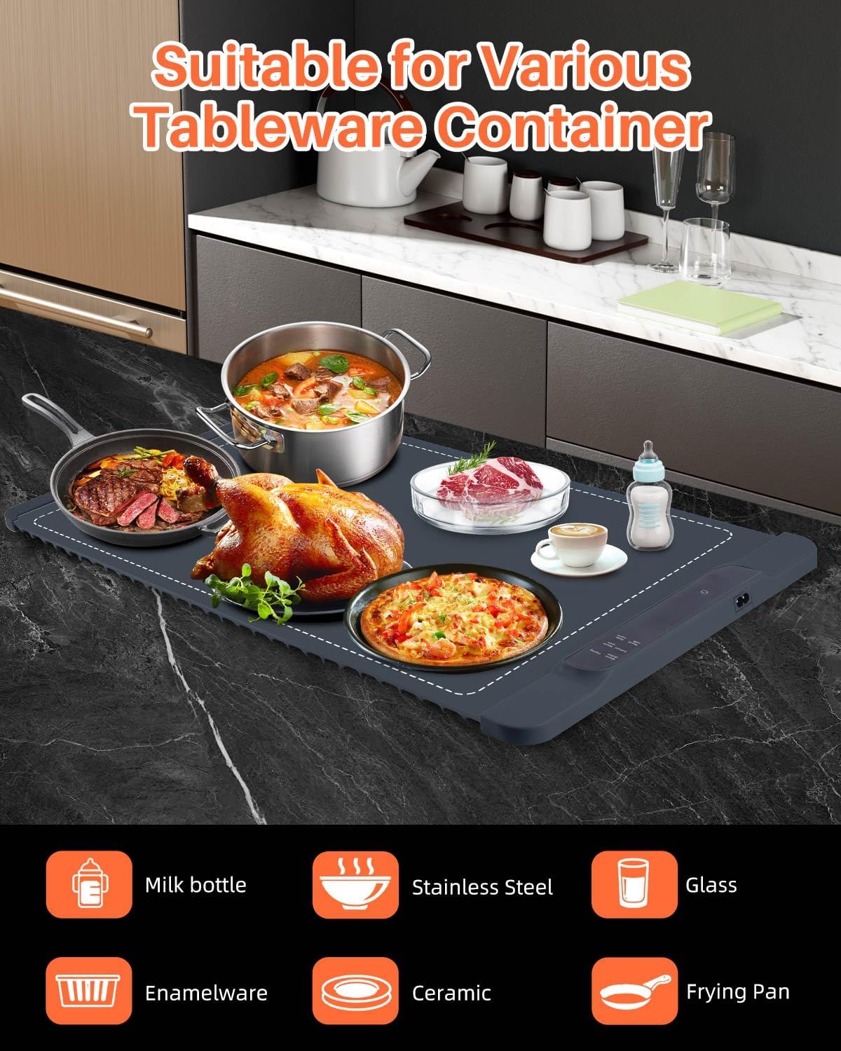 Food Warming Mat - Electric Warming Tray for Buffets Party and Home Daily Use,10H Timer, Child Lock, Auto Shut-Off Portable Silicone Heat Pad for Travel & Dining, Grey WN420
