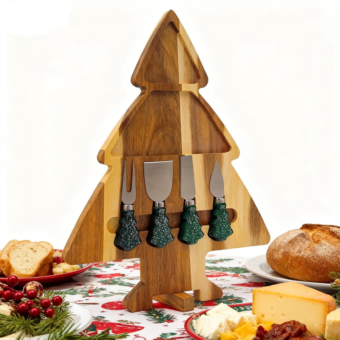 17.3'' Xmas Tree Charcuterie Board Set – Dual-Side Acacia Wood Serving Tray & Cutting Board with 4 Magnetic Knives, Rotating Base – Festive Cheese Platter for Christmas Snacks, Hostess Gift WN420