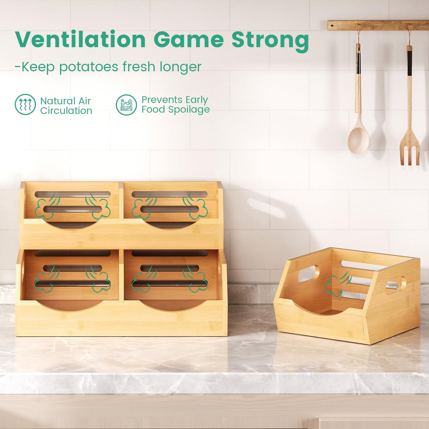 Onion Storage Bins Potato, 3 Tier Bamboo Pantry Storage Bin Stackable Ventilated Kitchen Organizer N3233