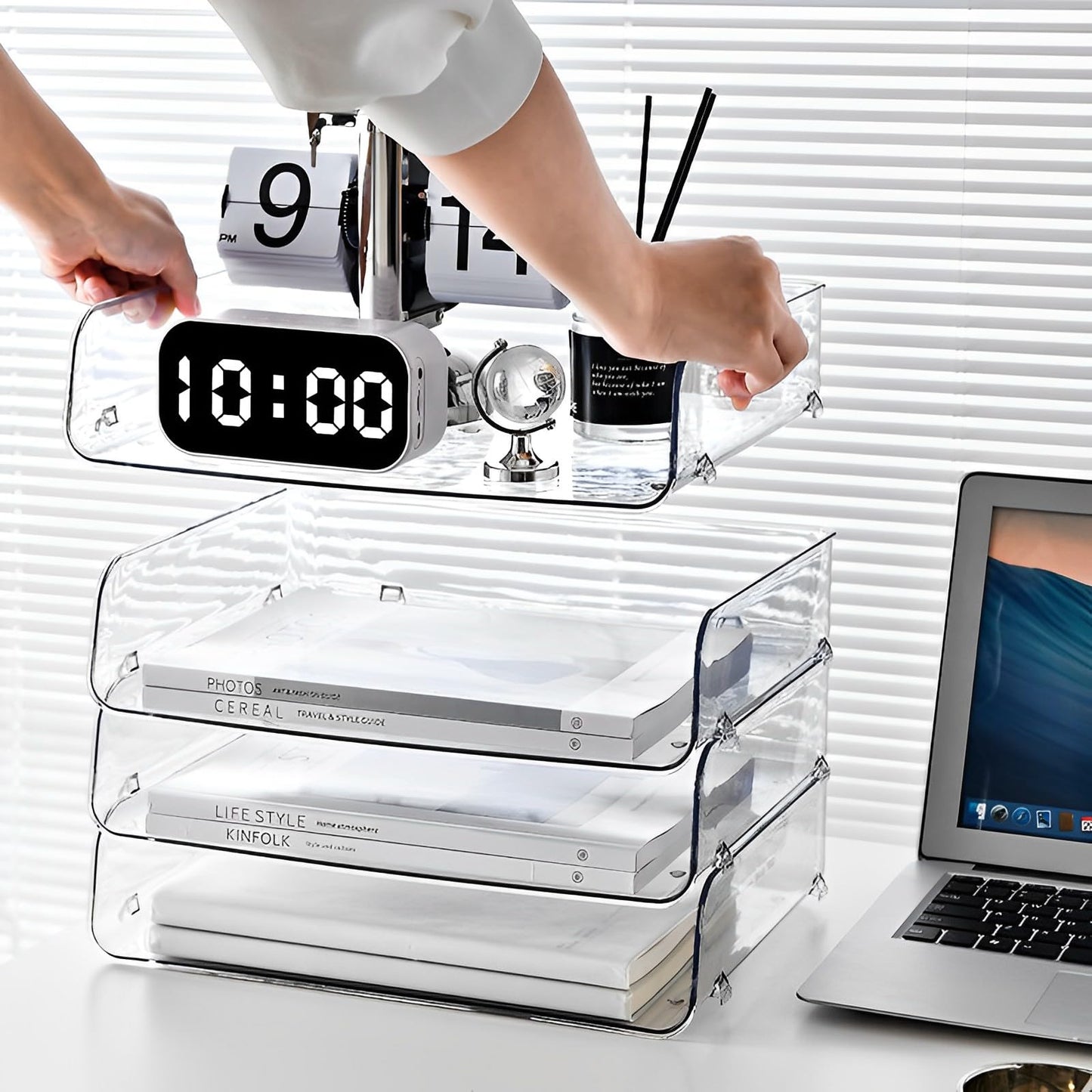 Gagee 4 Pack Paper Organizer for Desk,Stackable Paper Tray Book Holder for Classroom,Office and More,Letter Tray Desk Organizer,Clear BST220