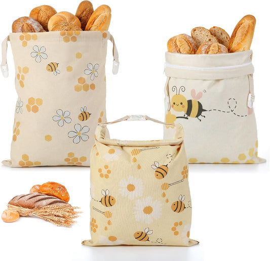 Reginary 3 Pack Beeswax Bread Bags for Sourdough & Homemade Bread 17 x 13'' XL Reusable Organic Linen Beeswax Wraps with Sealing Zip for Fresh Food Storage Loaf Freezer Baker Present(Bee Style) BST326L