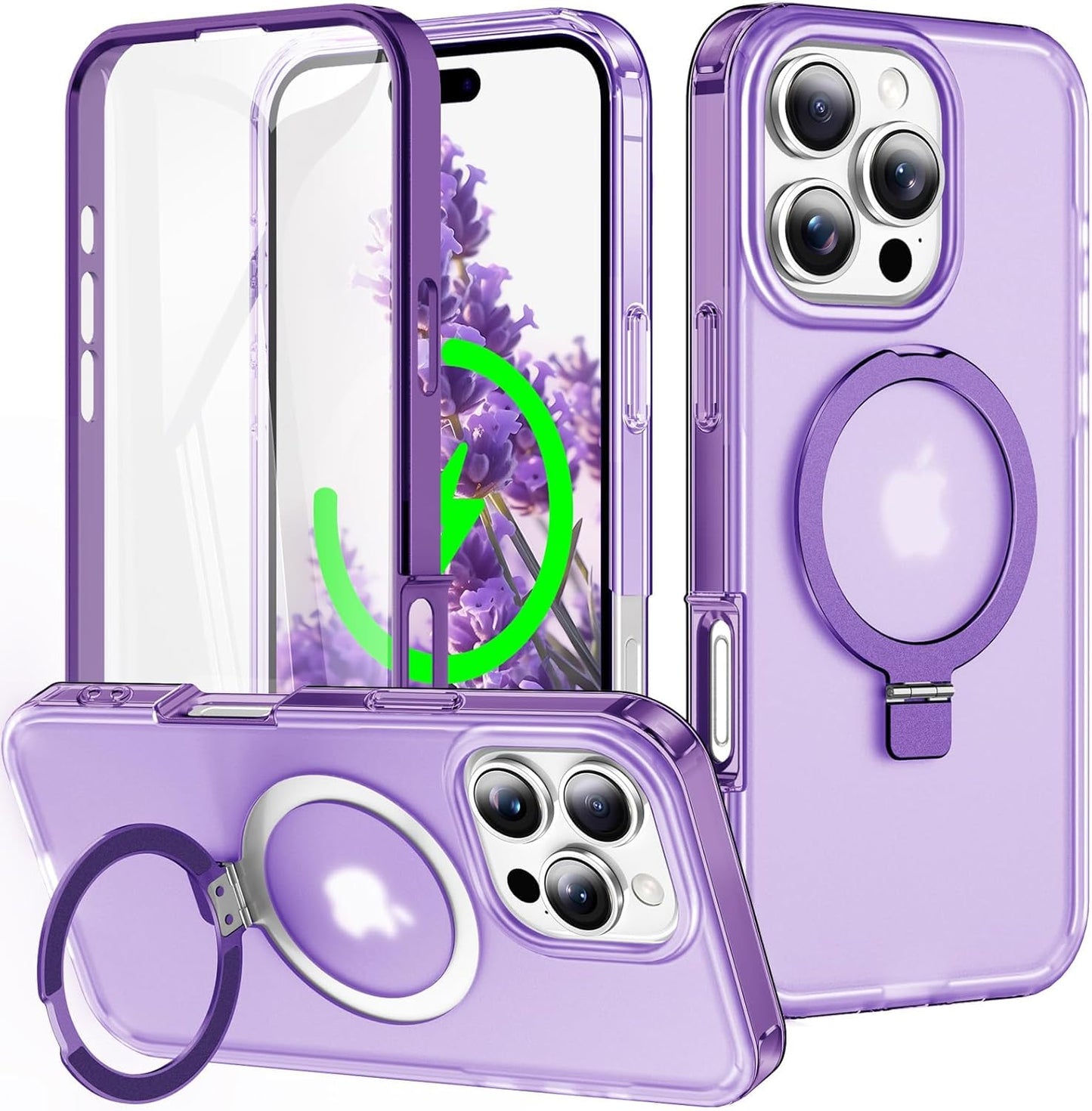 for iPhone 13 Pro Full Body Shockproof Case with Magnetic Invisible Stand [Compatible with MagSafe] Built-in Screen Protector Military Drop ProtectionTranslucent Phone Cover -Hot Pink WN420