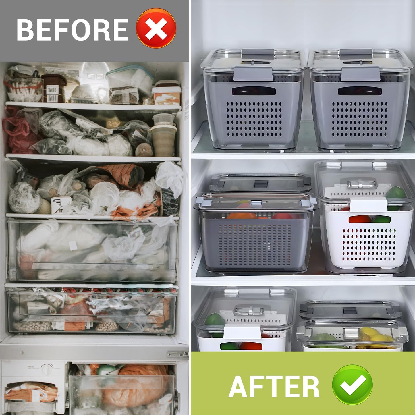 LUXEAR 4 Pack Fruit Vegetable Containers for Fridge, Produce Saver Container with Lids &Removable Colander BPA-free Refrigerator Storage Organizer for Fruit Vegetable, Berry, Meat keep Fresh Longer DD1210