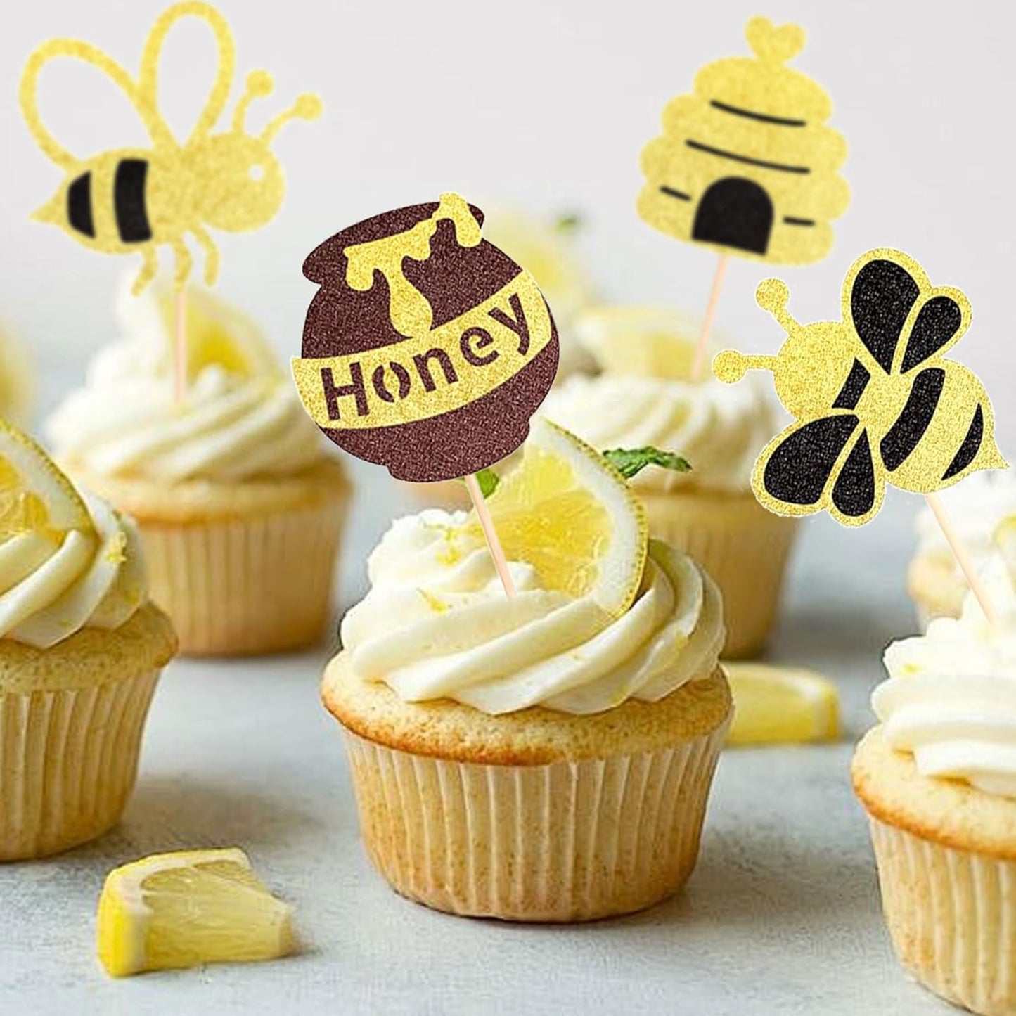 24 PCS Bumble Bee Cupcake Toppers Glitter Heart Honeycomb Bee Cupcake Picks BaBy Shower Cake Decorations for Bee Theme Baby Shower Kids Birthday Party Supplies WN420