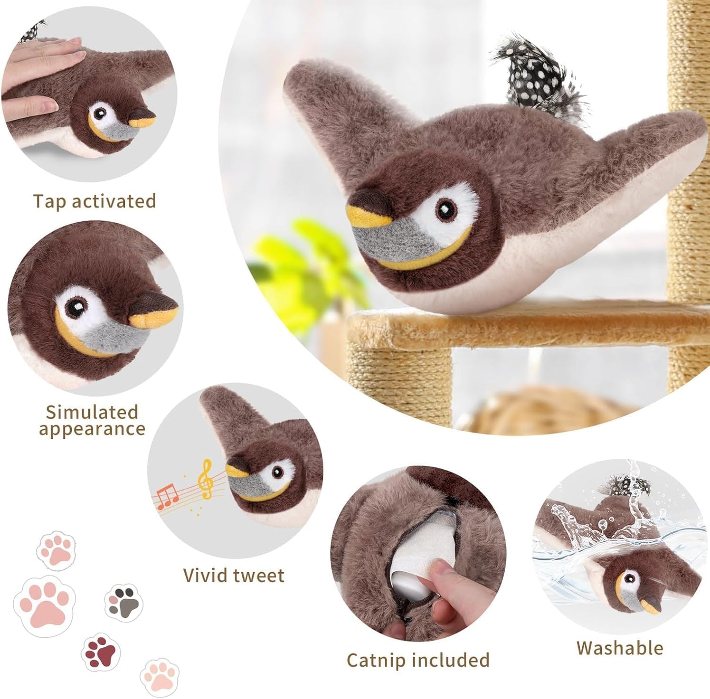 Cat Toys Flapping Birds with Catnip Bags, Rechargeable Chirping Interactive Kitten Toy Kicker, Lifelike Birdie Tweets, Indoor Enrichment Moving Wings Cat Exercise Toys for All Breeds Cat Dog(Oriole) WN420