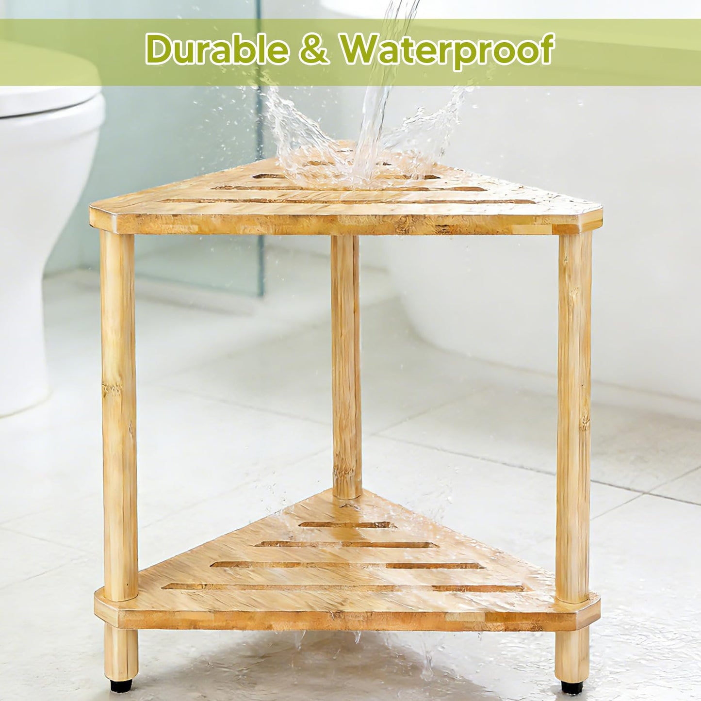 Bamboo Corner Shower Stool with Soap Dish, Waterproof Bath Bench Seat for Shaving Legs Inside Shower, 2-Tier Height Adjustable Foot Rest with Storage Shelf, Corner Bench for Women BST326H