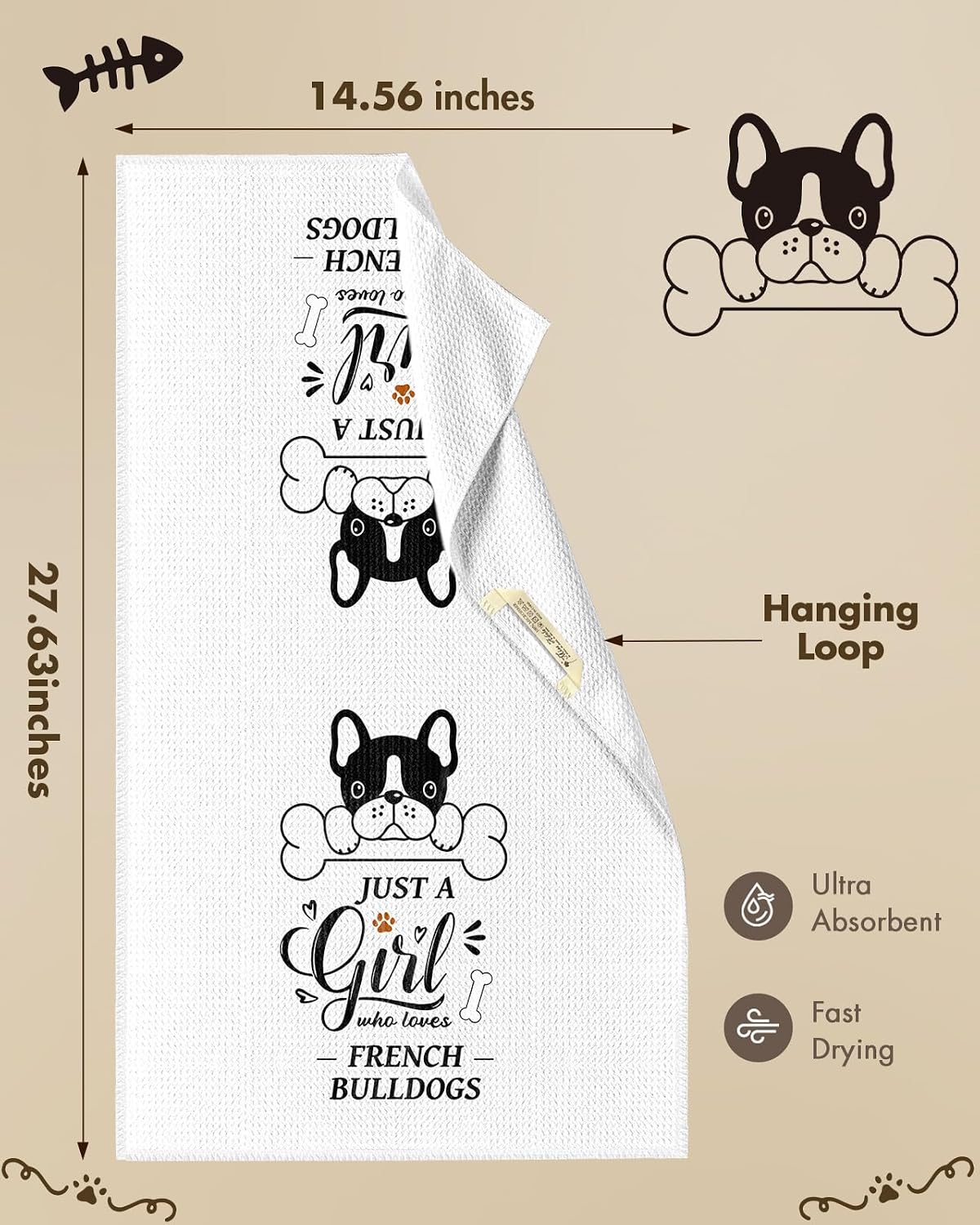 Miss Adola Dog Funny Kitchen Towels - 15x28 Inch Decorative Waffle Microfiber Dish Cloths Cute Absorbent Reusable Hand Tea Towels with Hanging Loop French Bulldog Gift for Dog Lovers WN420