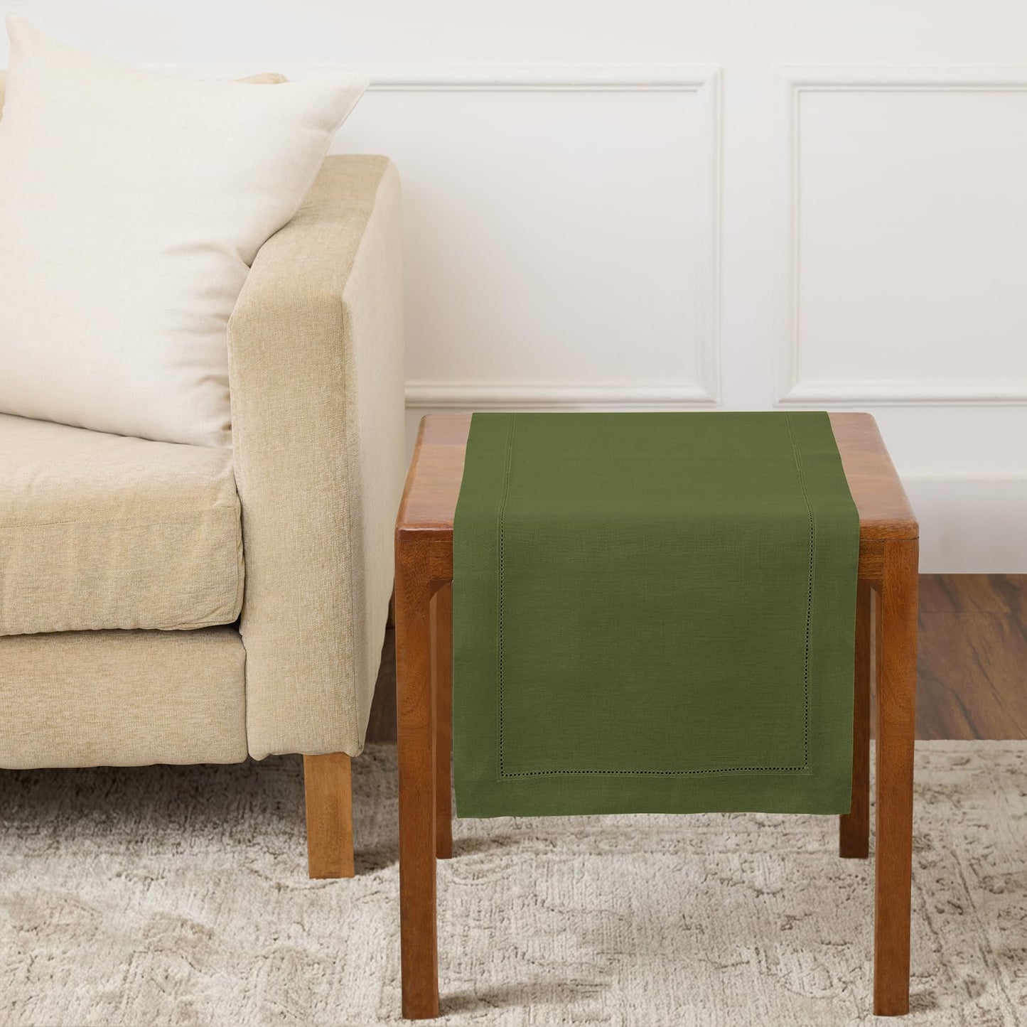 Solino Home 100% Pure Linen Table Runner Garden Green Hemstitch, 14 x 48 in | Classic Hemstitch Table Runners for dining, hallway and console table styling | hand hemstitched borders | OEKO-TEX Certified BST326SOLH