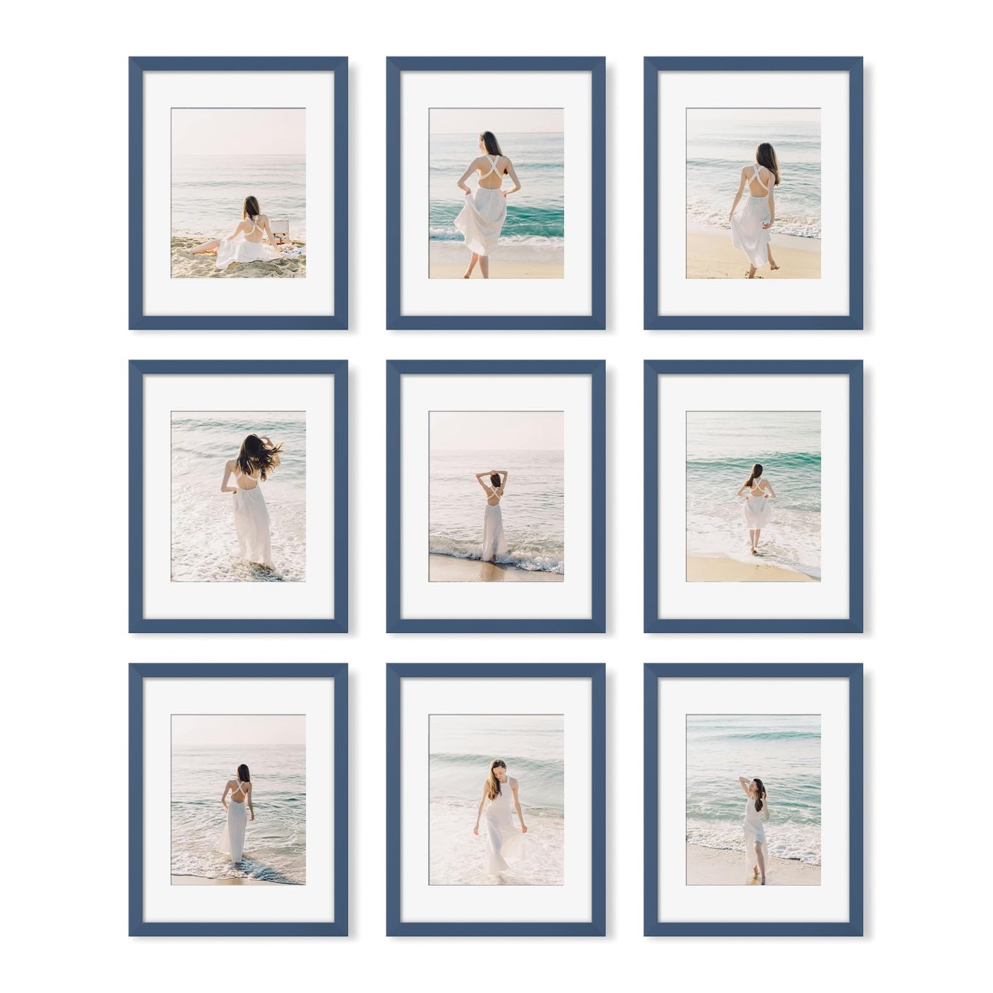 YESKAY 8x10 Picture Frame Set of 9, Display Pictures 5x7 with Mat or 8 x 10 Without Mat, Multi Photo Frames for Wall Mounting or Table Top Display, Blue BST326H