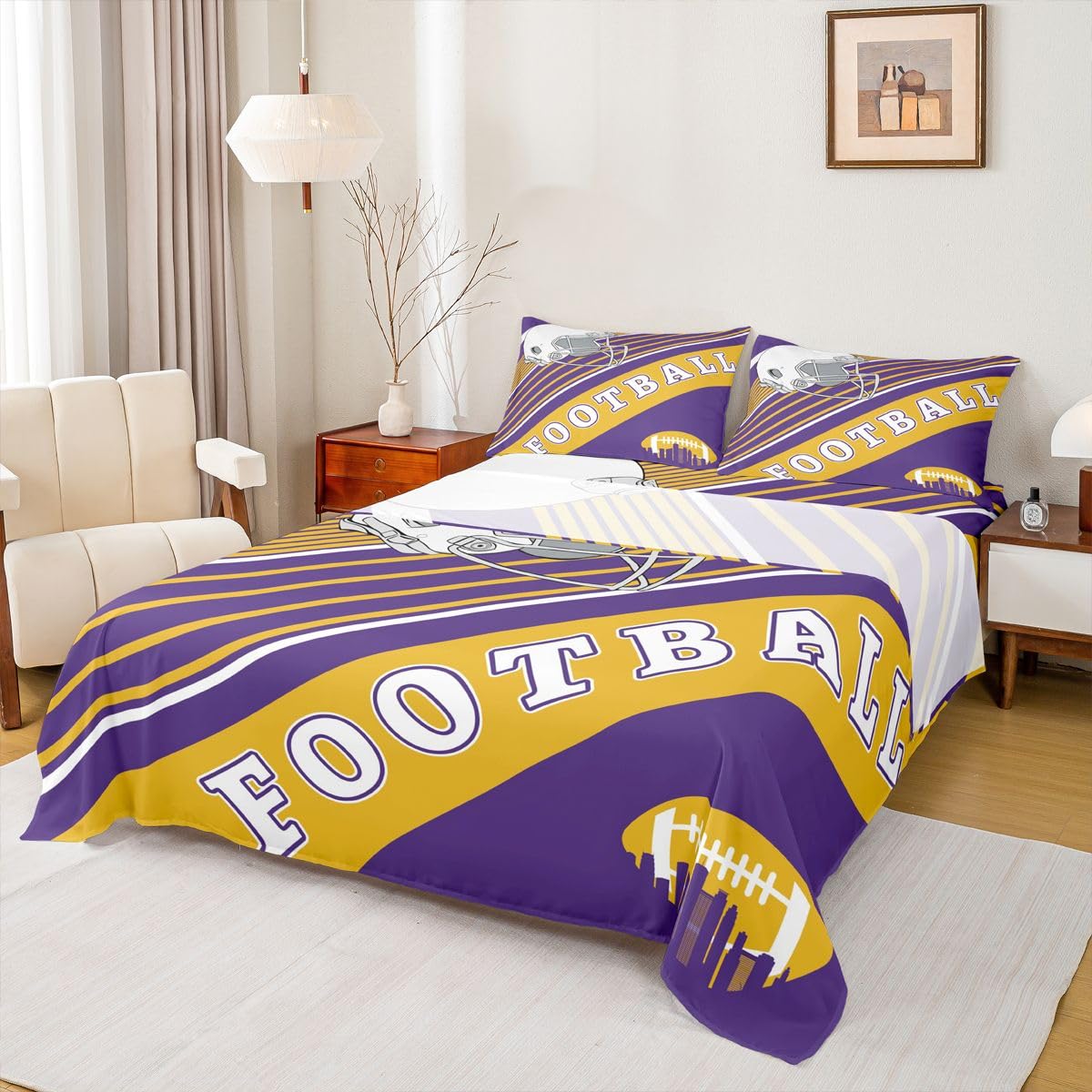 Erosebridal Gridiron Sheet Set Sports Ball Game Sheets Twin for Boys Girls Rugby Competition Game Bed Sheets Set, Football Themed Bedding Set with 1 Pillowcase BST326H