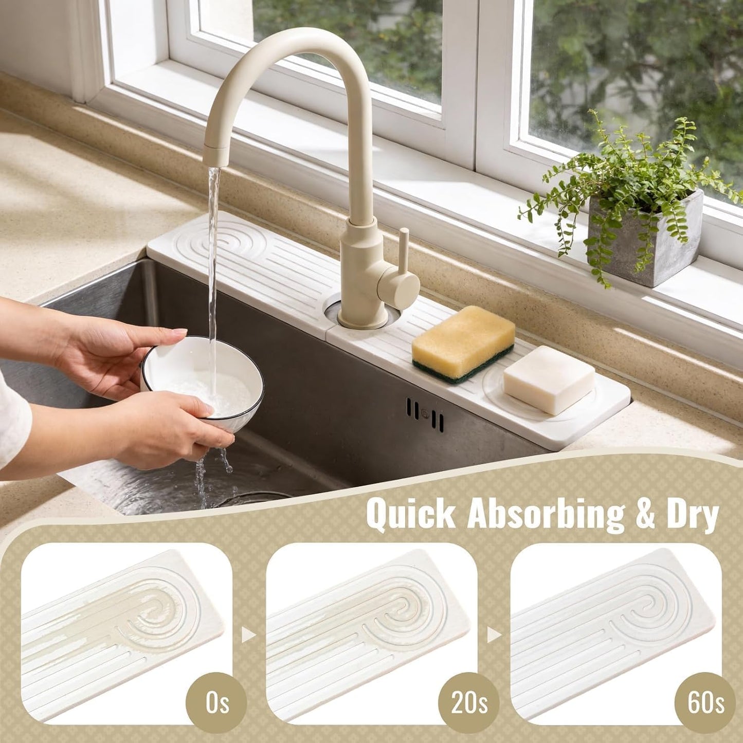 Hopegiver Stone Faucet Mat for Kitchen Sink - Fast Drying Diatomite Sink Protector Prevent Moisture, Super Water Absorbing Stone Tray for Kitchen & Bathroom Counter (White, 15.7"x3.9") BST326H