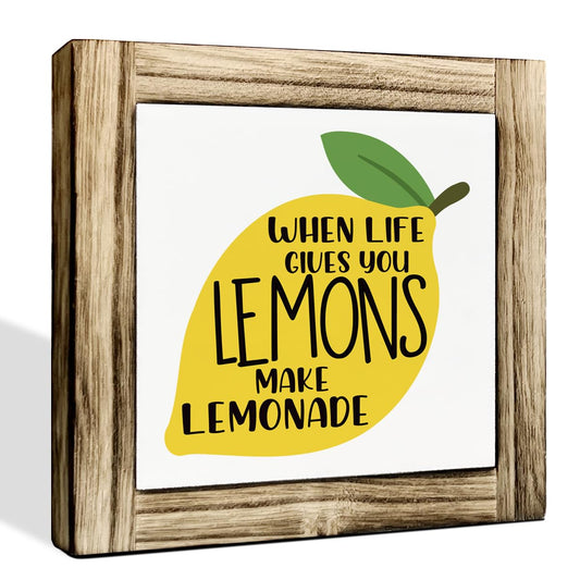 Inspirational Decor Signs, Lemon Summer Decoration, Positive Home Bar Decors, Rustic Kitchen Decors for Shelf, Wood Box Sign Desk Decor, When Life Gives You Lemons Make Lemonade Sign 5.9×5.9inches BST220
