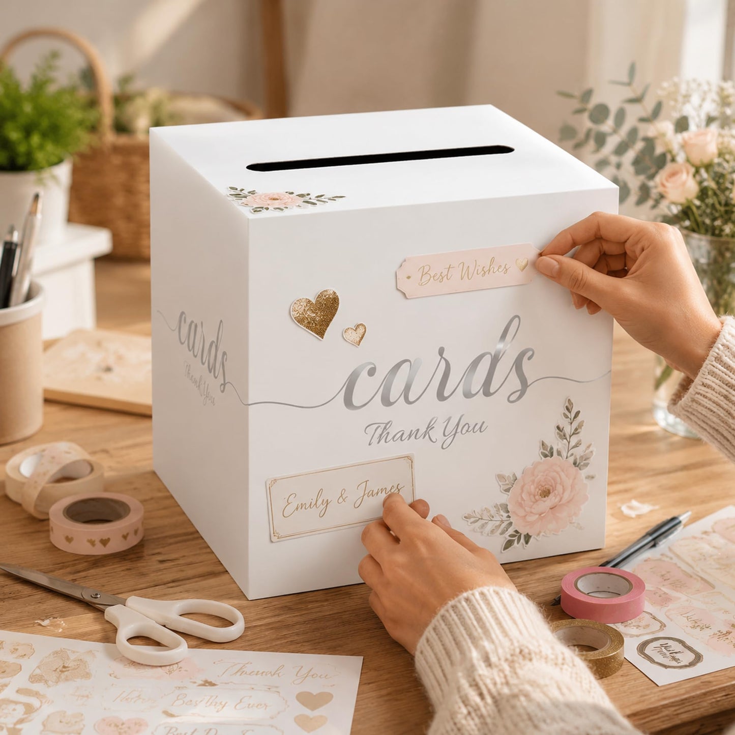 1 Pack White and Gold Wedding Card Box for Party Graduation Bridal Baby Shower Retirement Decorations Cardboard Birthday Card Holder Raffle Ballot Voting Box with Slot 7.8 x 7.8 x 7.8 In BST220